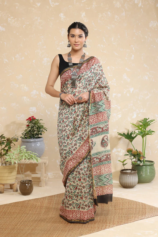Handloom Brown Floral Block Print Chanderi Cotton Saree