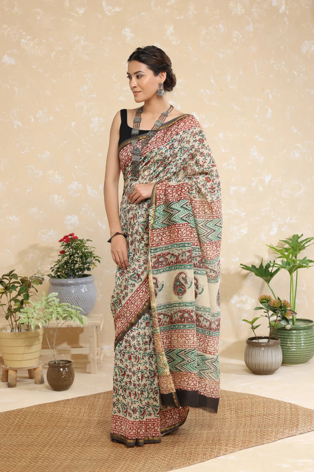 Handloom Brown Floral Block Print Chanderi Cotton Saree