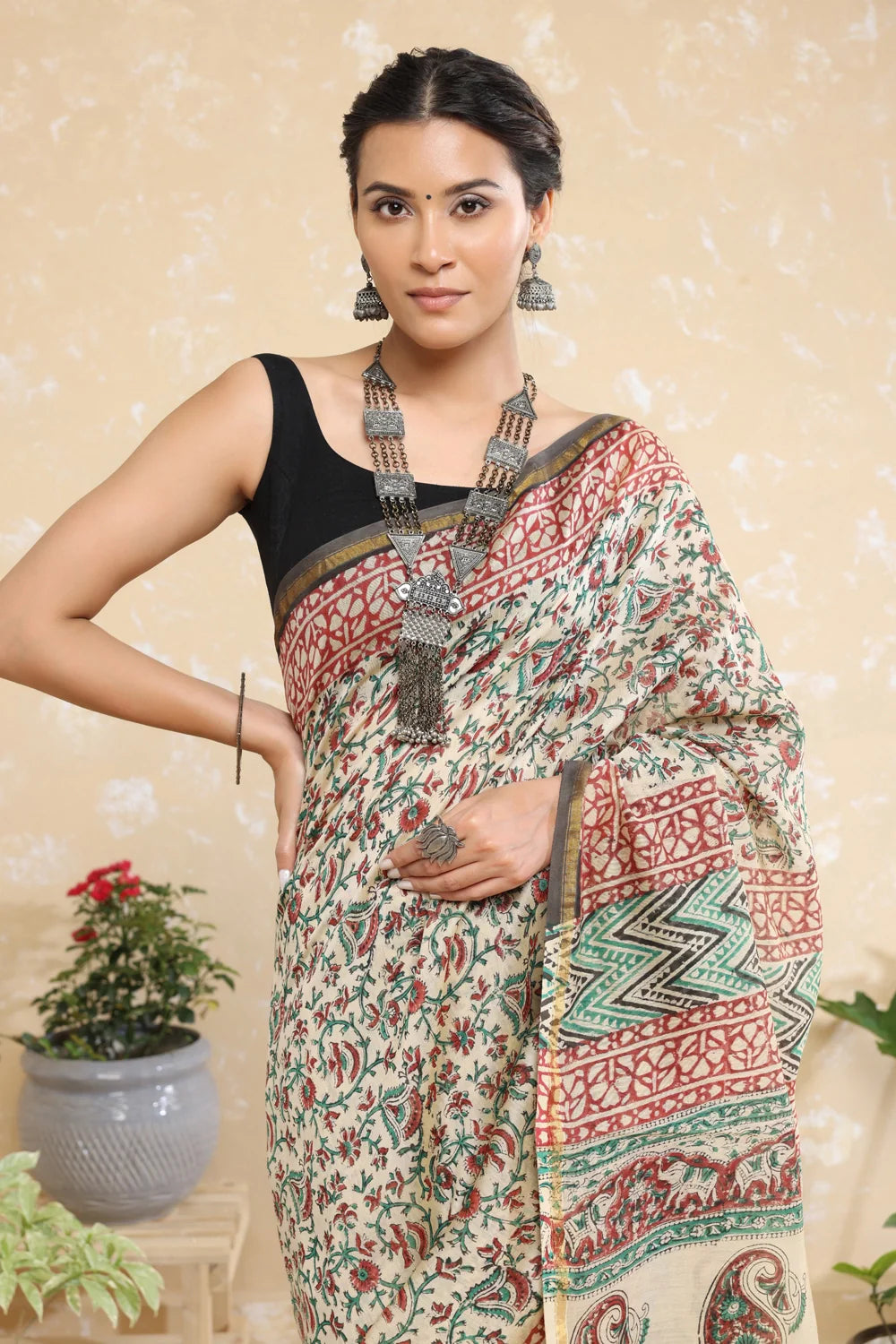 Handloom Brown Floral Block Print Chanderi Cotton Saree