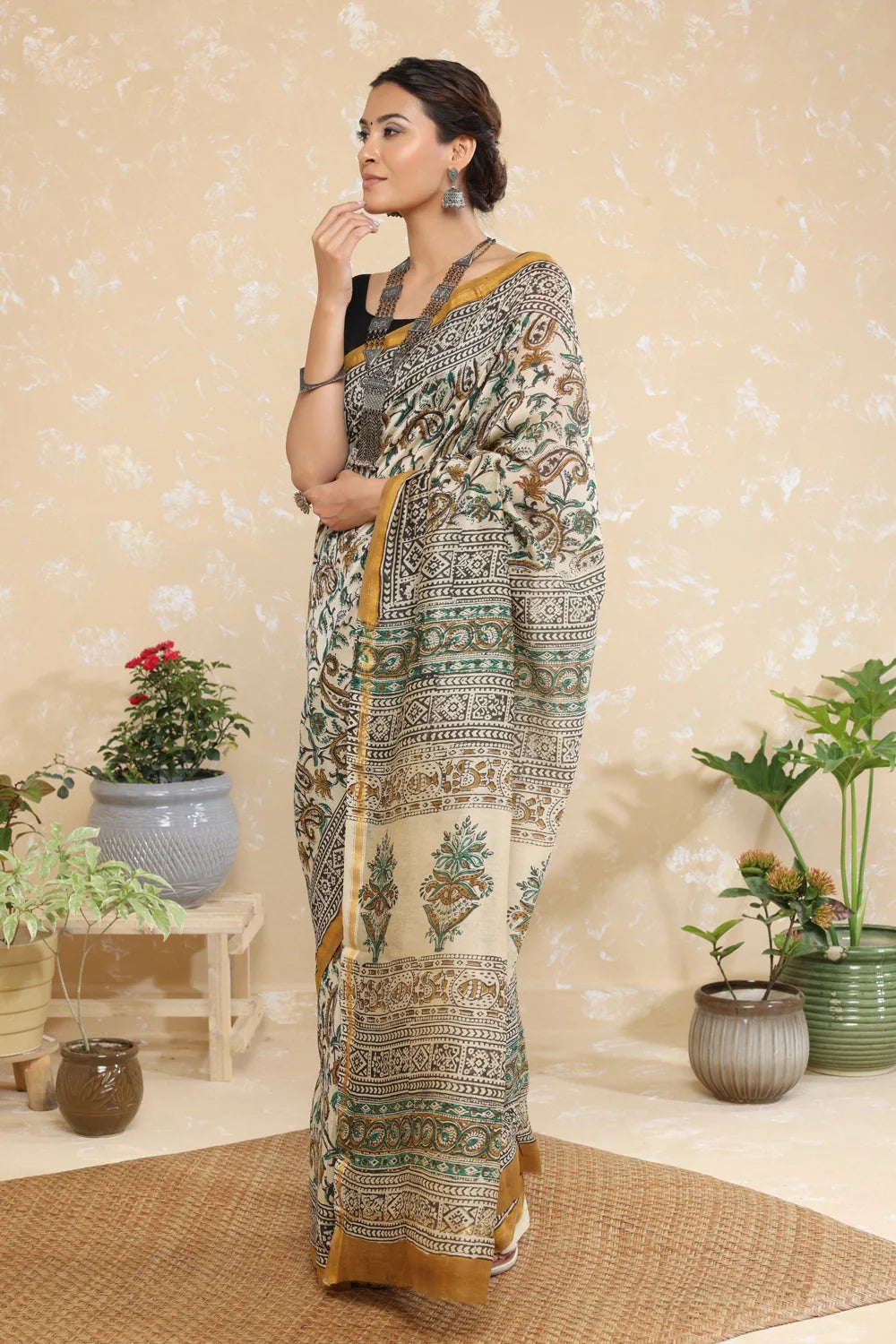 Handloom Brown Floral Block Print Chanderi Cotton Saree With Yellow Border