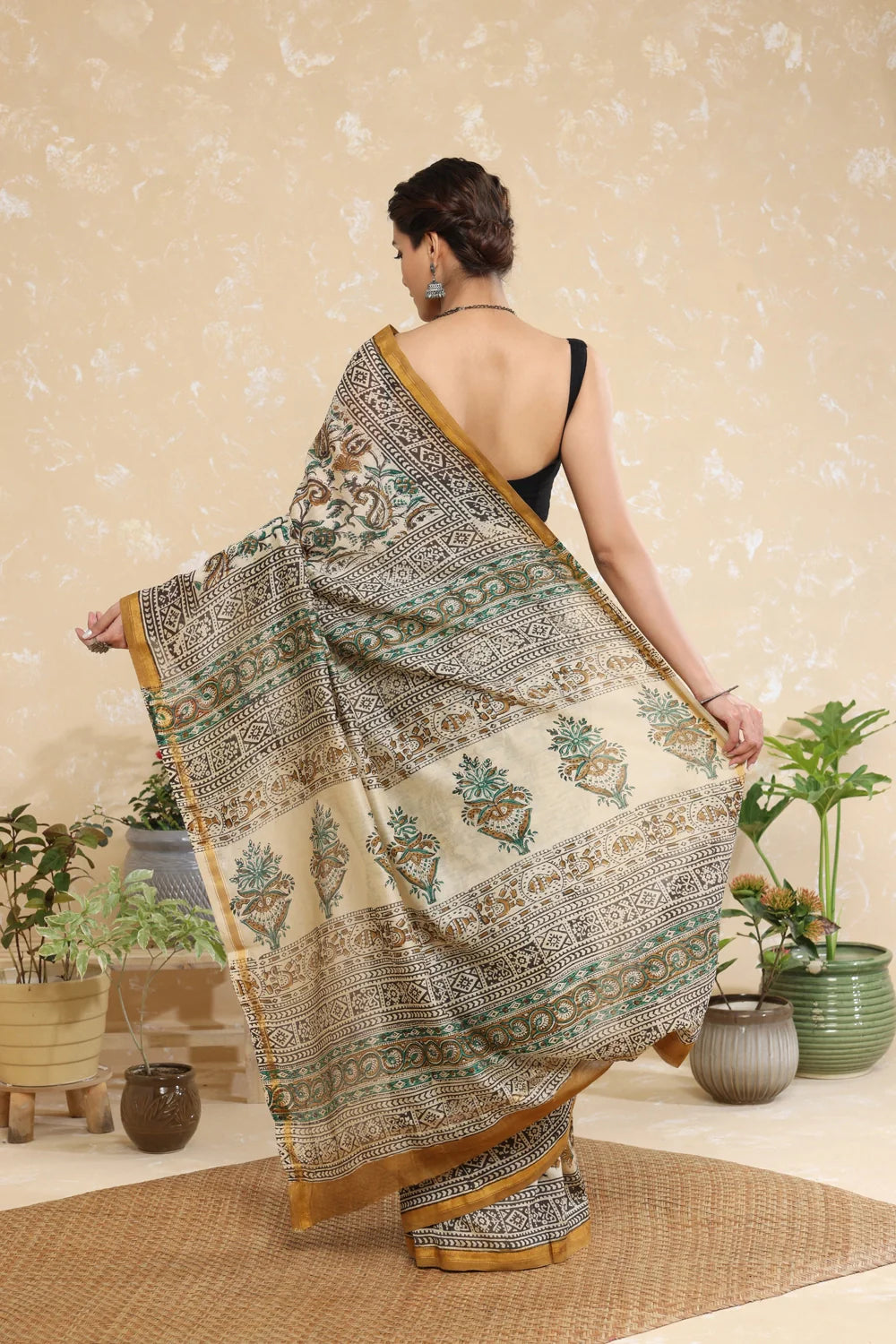 Handloom Brown Floral Block Print Chanderi Cotton Saree With Yellow Border