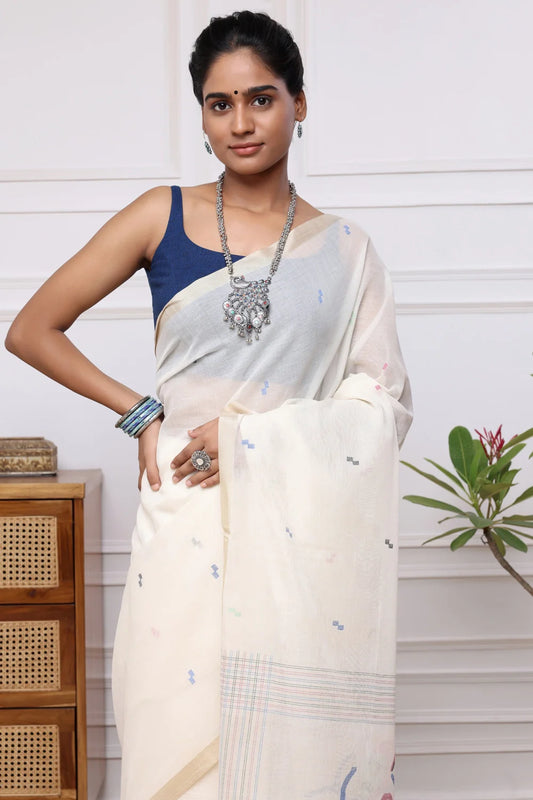 Handloom Off White Soft Cotton Jamdani Saree with Bird Motifs