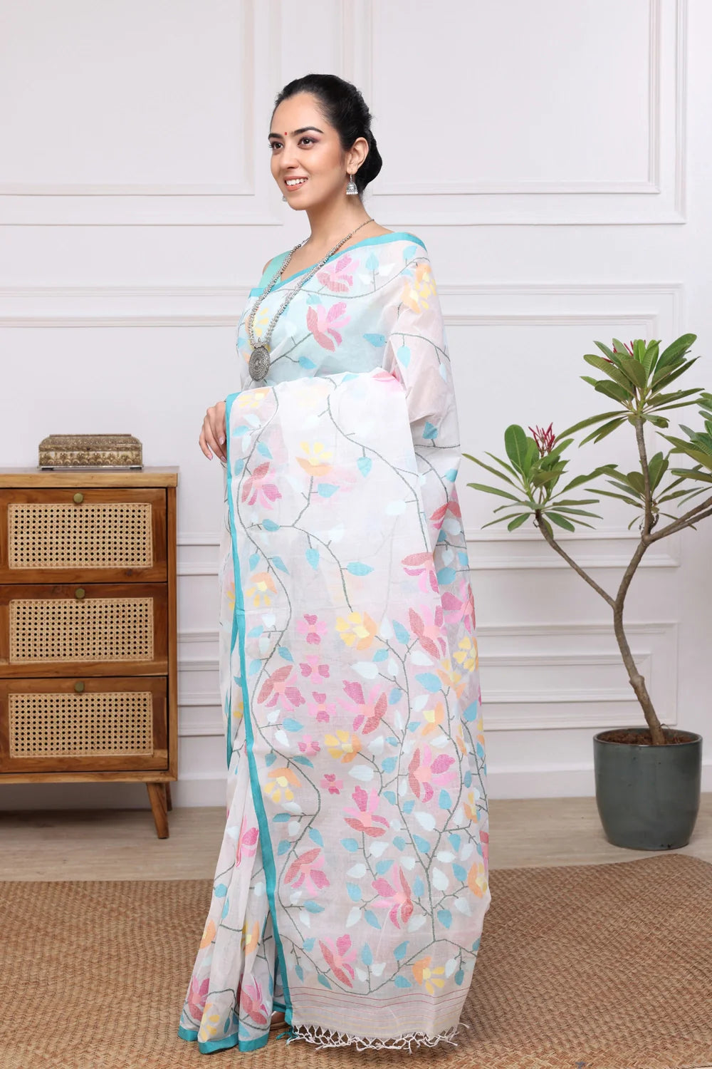 Handloom White Pure Cotton Multi Colour Floral Jamdani