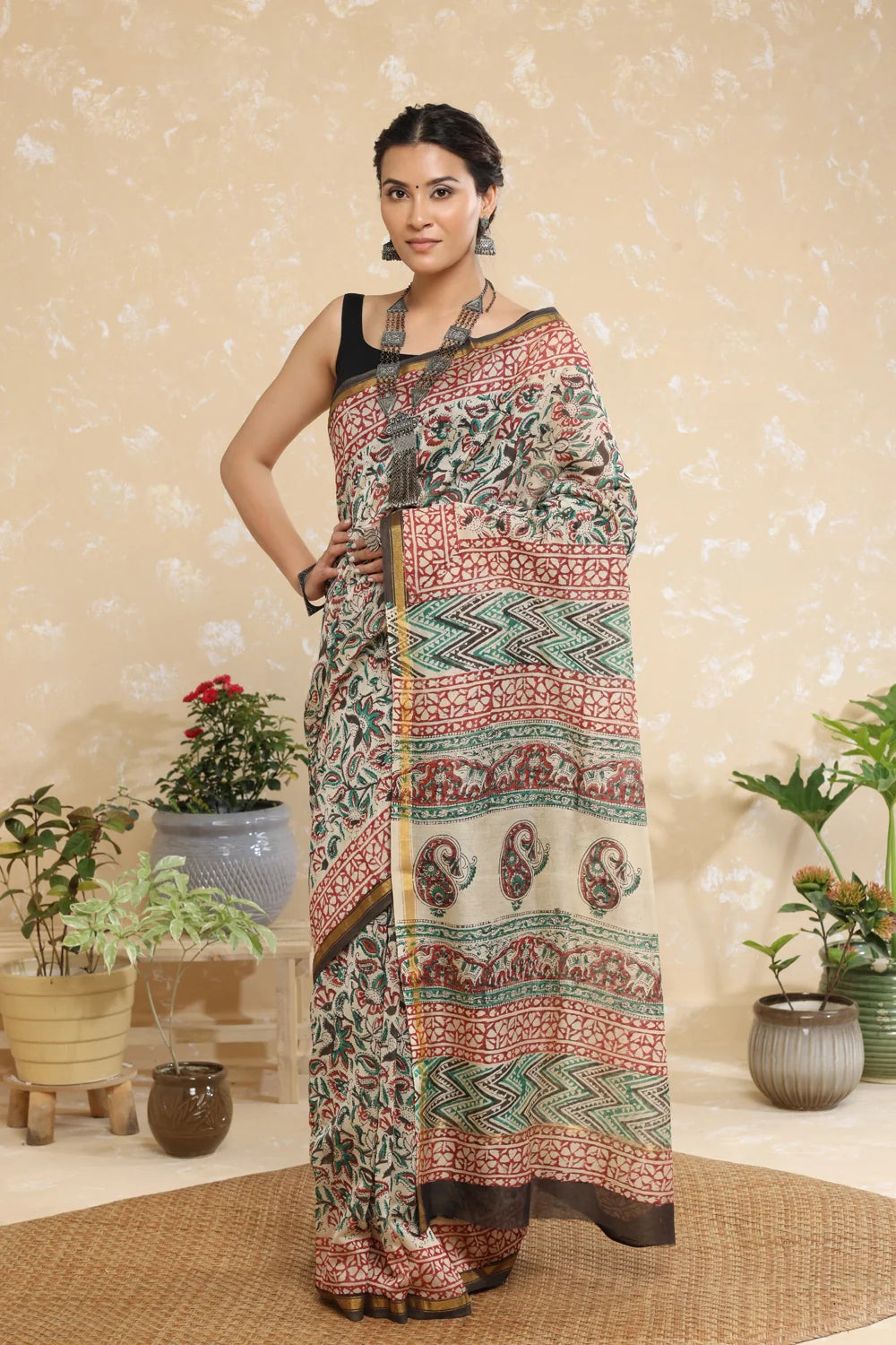Handloom Brown Floral Block Print Chanderi Cotton Saree With Black Border