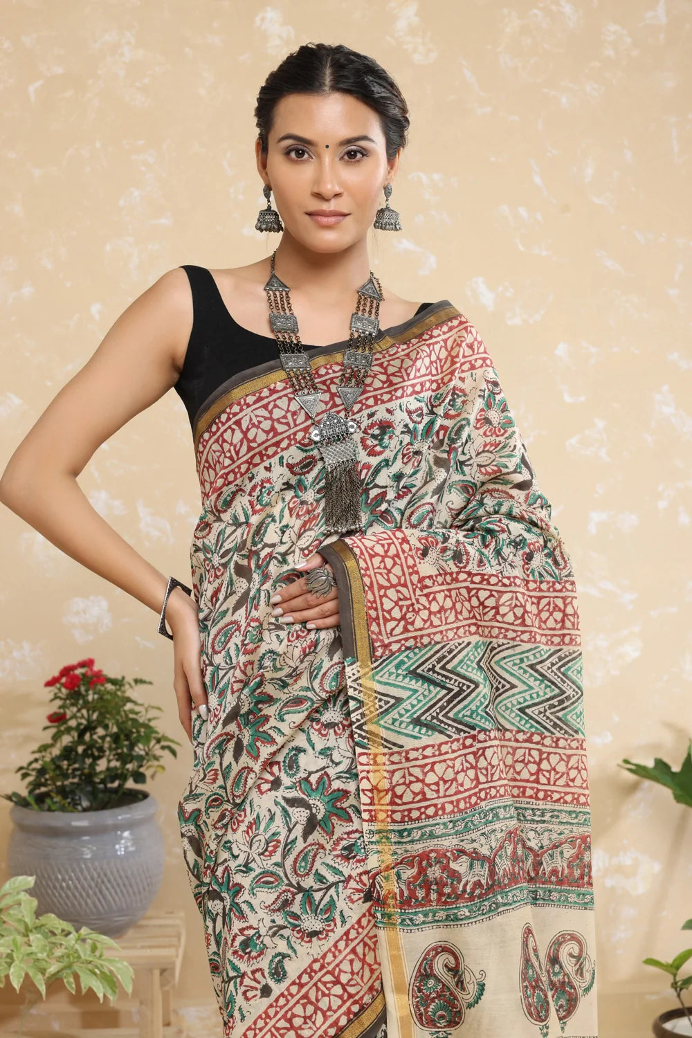 Handloom Brown Floral Block Print Chanderi Cotton Saree With Black Border