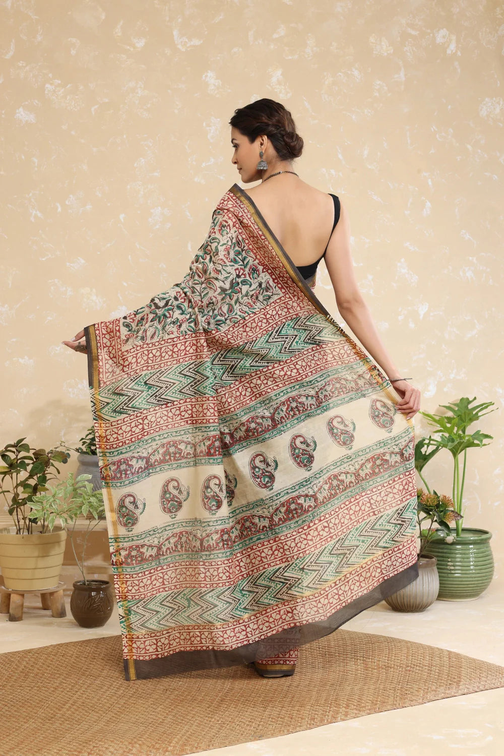 Handloom Brown Floral Block Print Chanderi Cotton Saree With Black Border