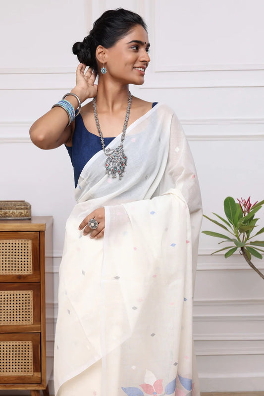 Handloom White Soft Cotton Jamdani with Floral Motifs