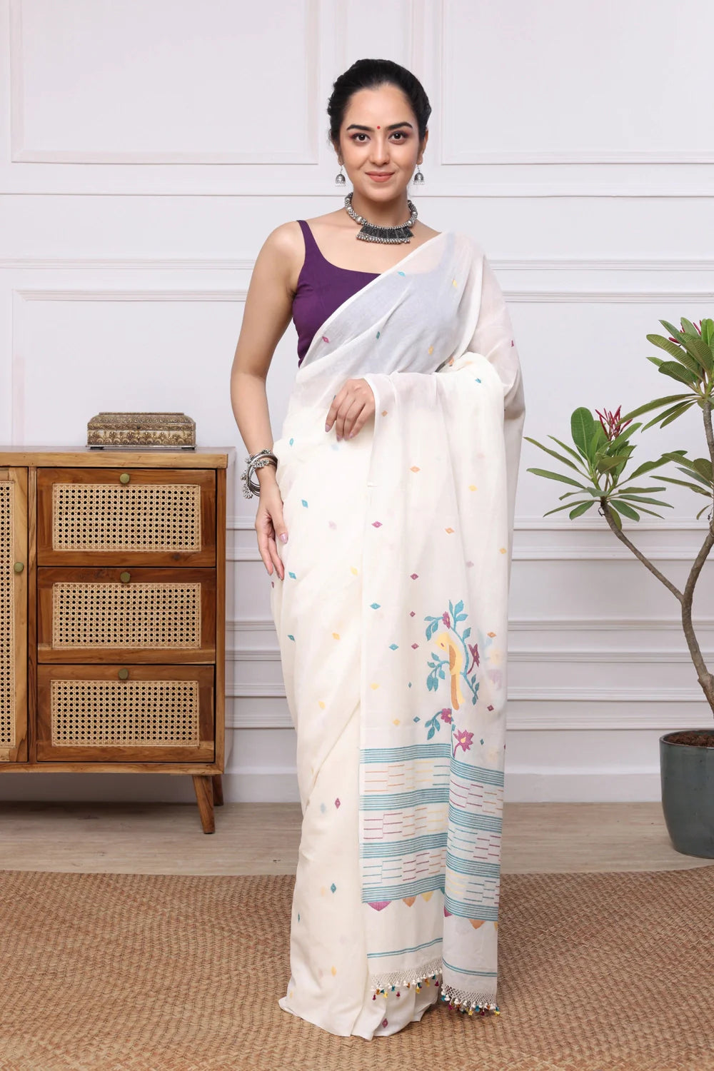 Handloom White Soft Cotton Jamdani with Multi Colour Floral Motifs