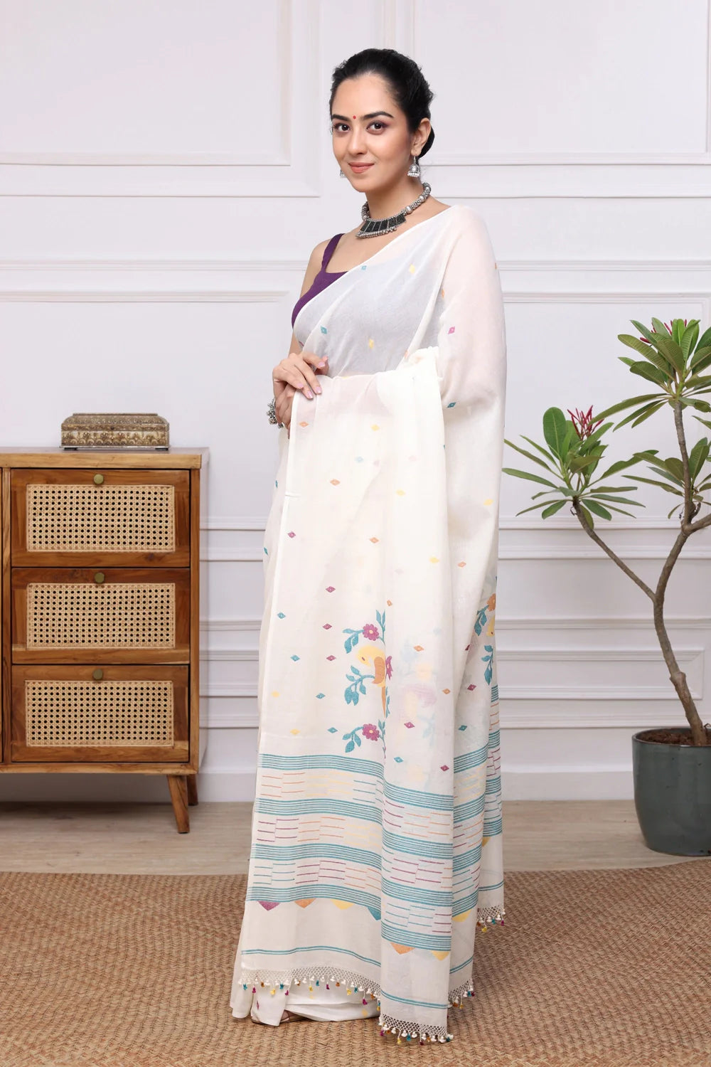 Handloom White Soft Cotton Jamdani with Multi Colour Floral Motifs