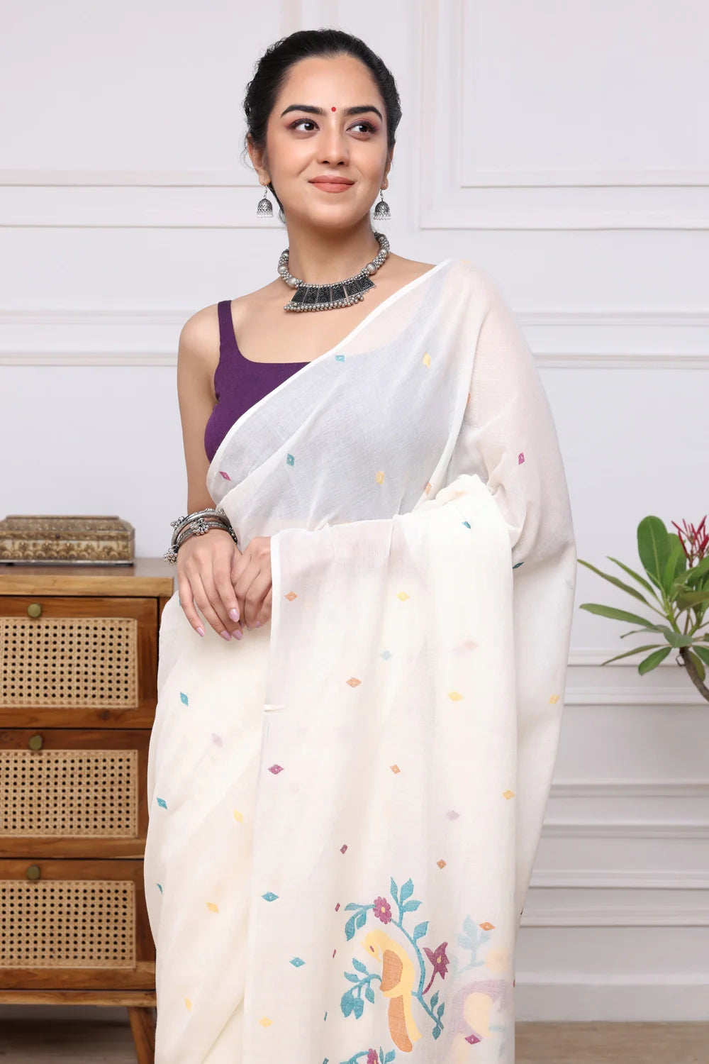 Handloom White Soft Cotton Jamdani with Multi Colour Floral Motifs