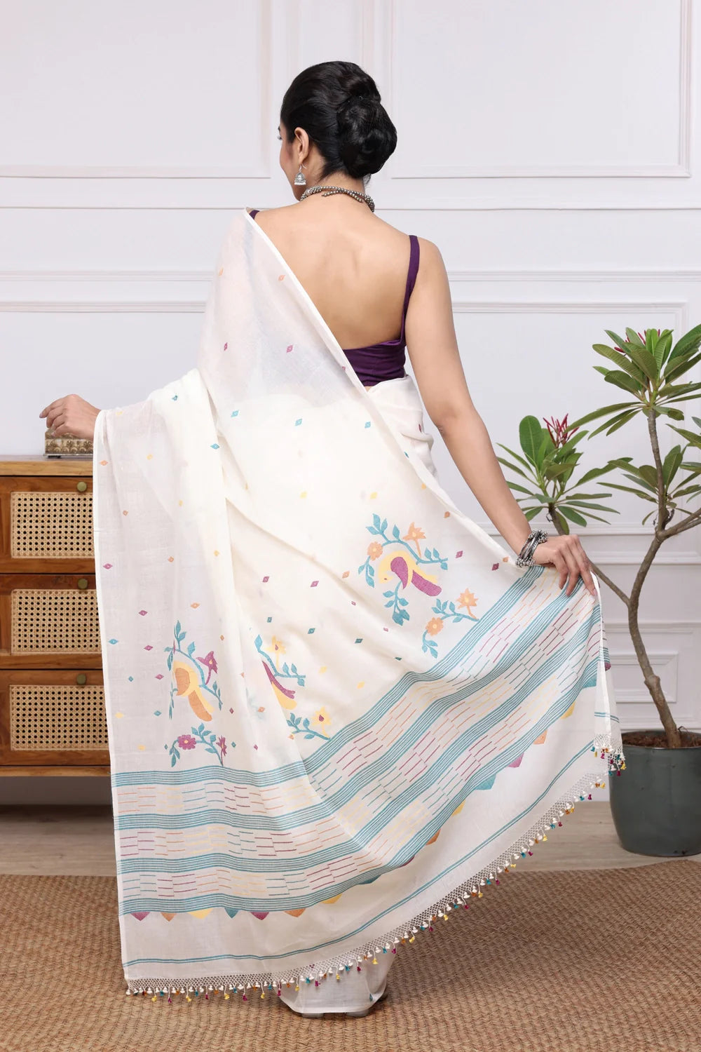 Handloom White Soft Cotton Jamdani with Multi Colour Floral Motifs