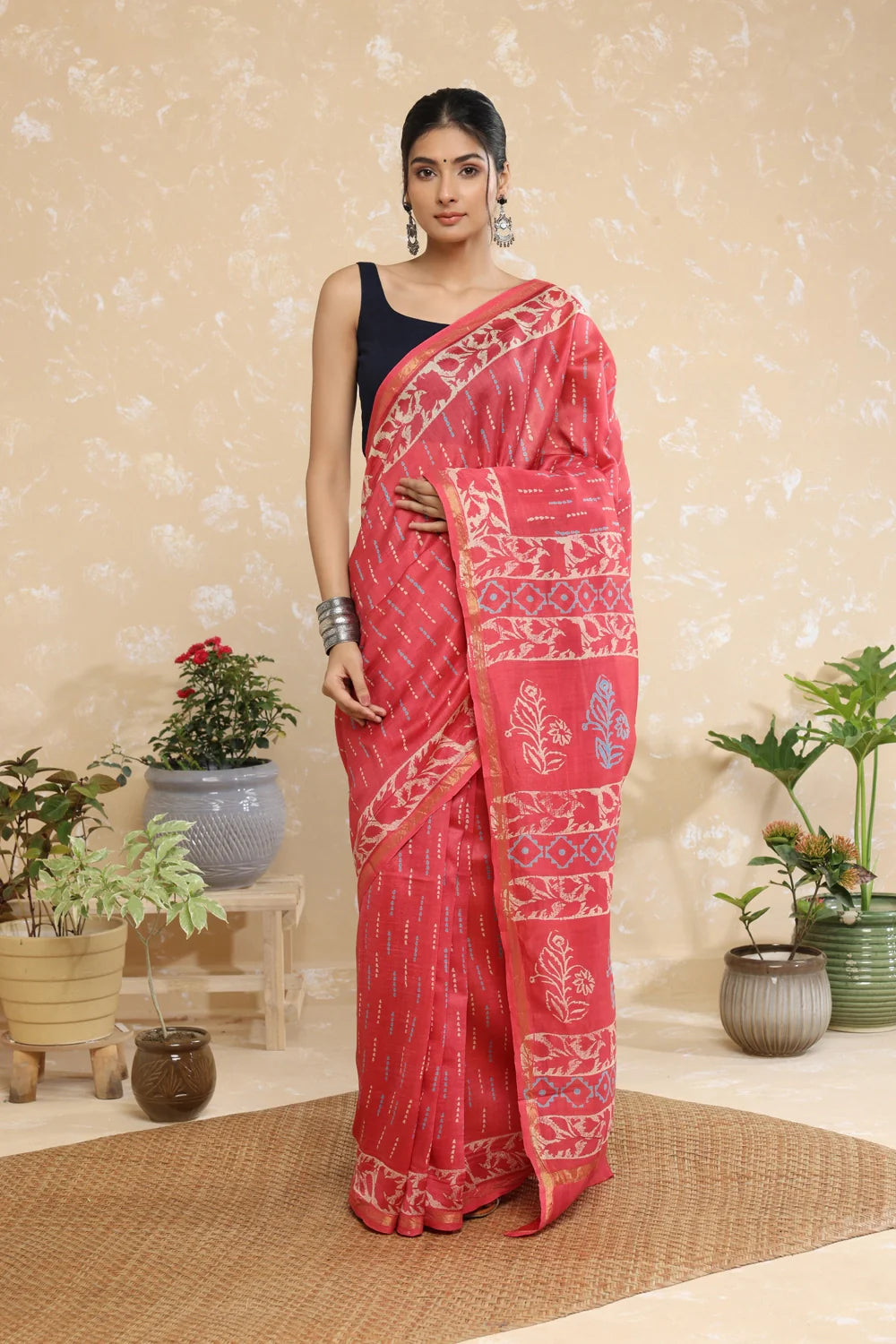 Handloom Blush Pink Block Print Chanderi Cotton Saree