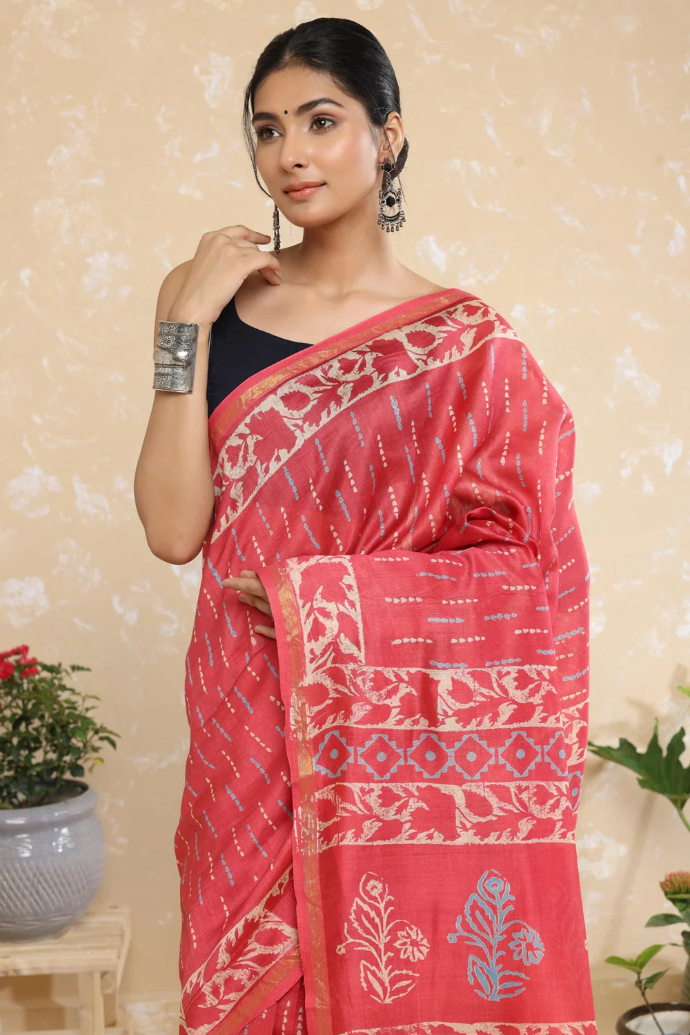 Handloom Blush Pink Block Print Chanderi Cotton Saree