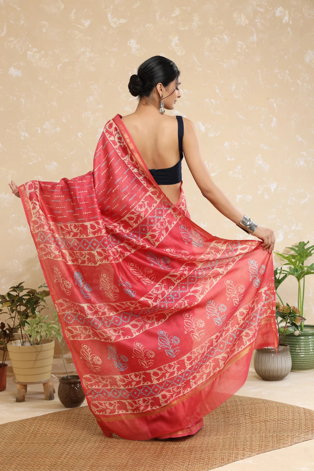 Handloom Blush Pink Block Print Chanderi Cotton Saree