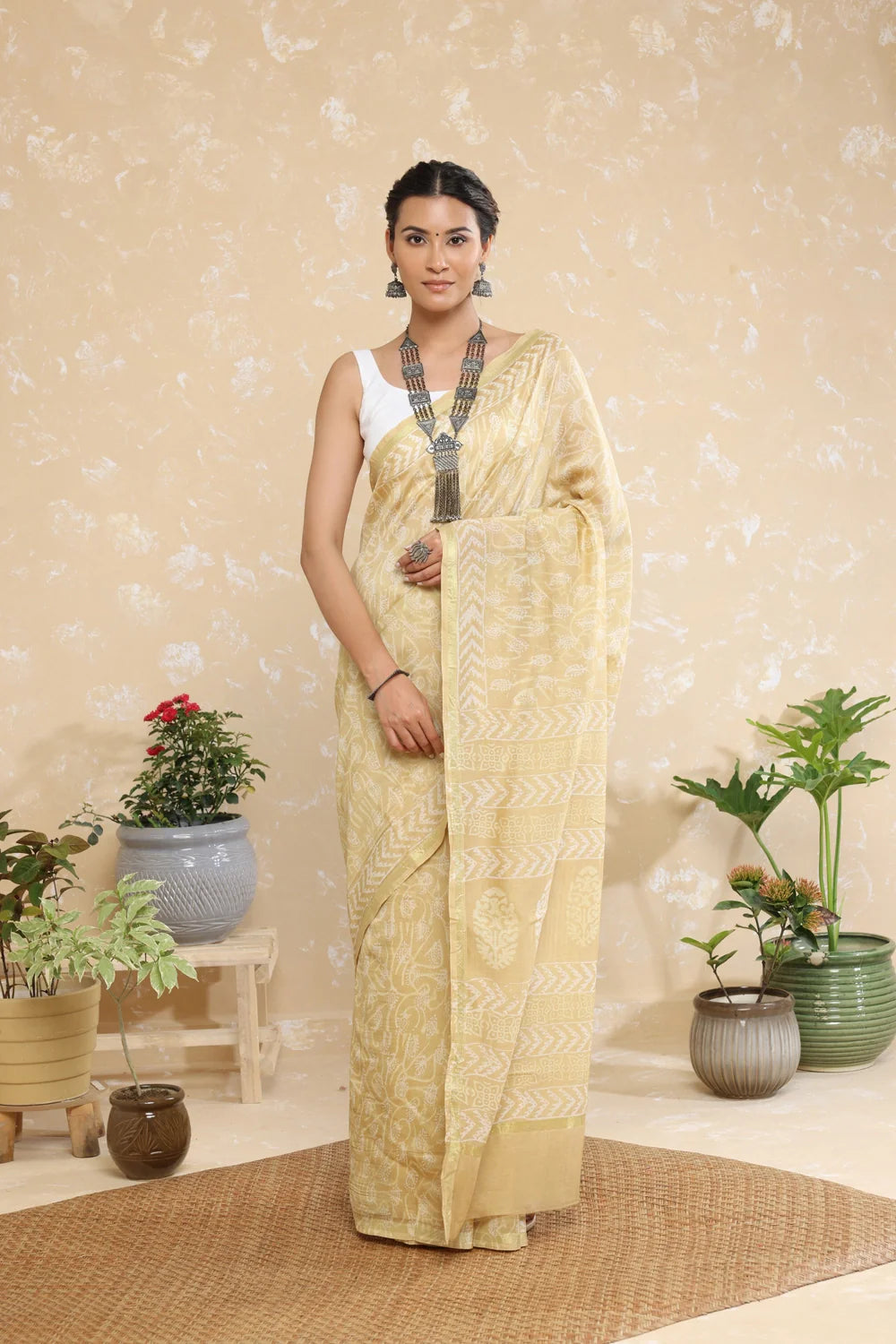 Handloom Coffee Cream Block Print Chanderi Cotton Saree