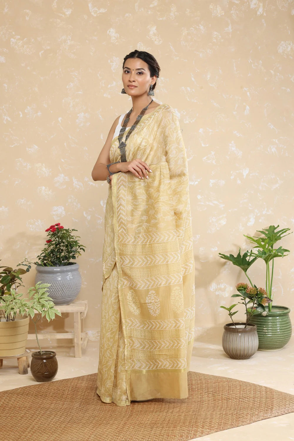 Handloom Coffee Cream Block Print Chanderi Cotton Saree