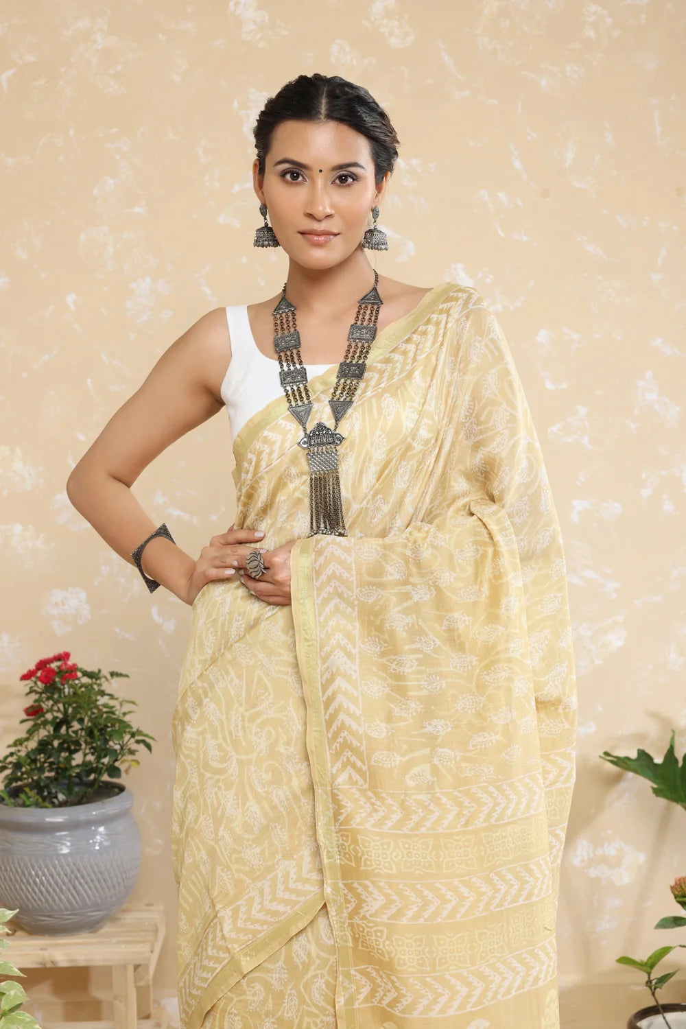 Handloom Coffee Cream Block Print Chanderi Cotton Saree