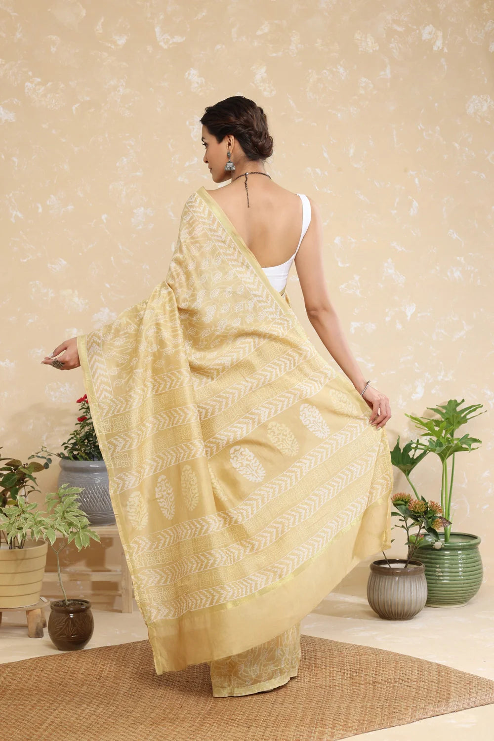 Handloom Coffee Cream Block Print Chanderi Cotton Saree