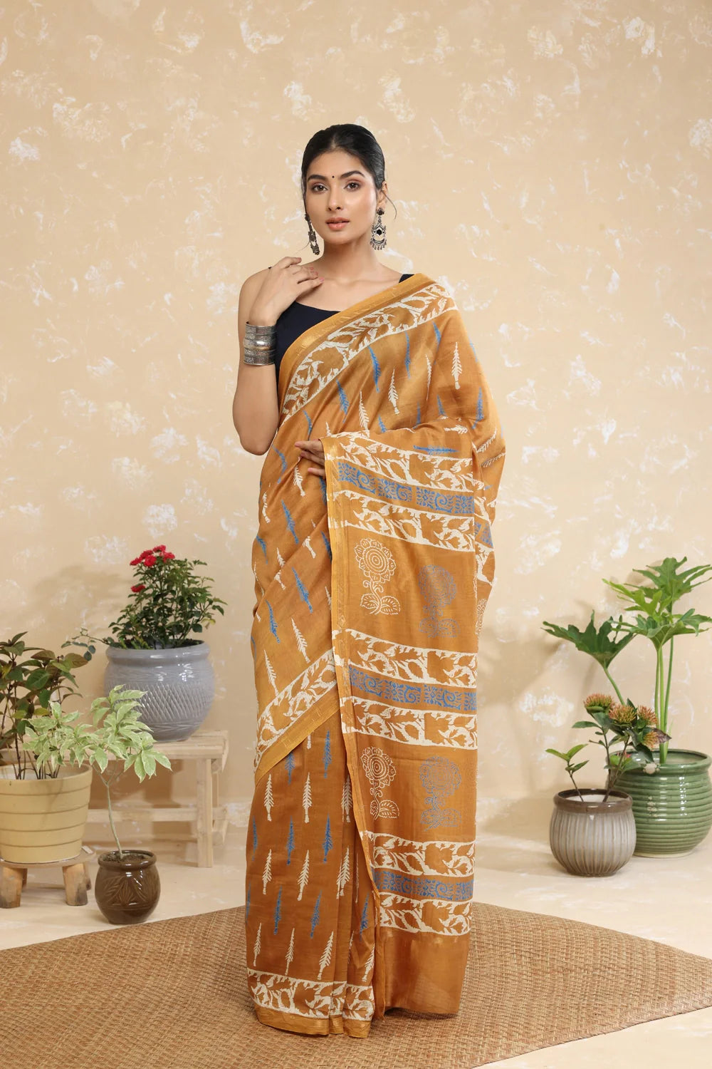 Handloom Honey Yellow Block Print Chanderi Cotton Saree