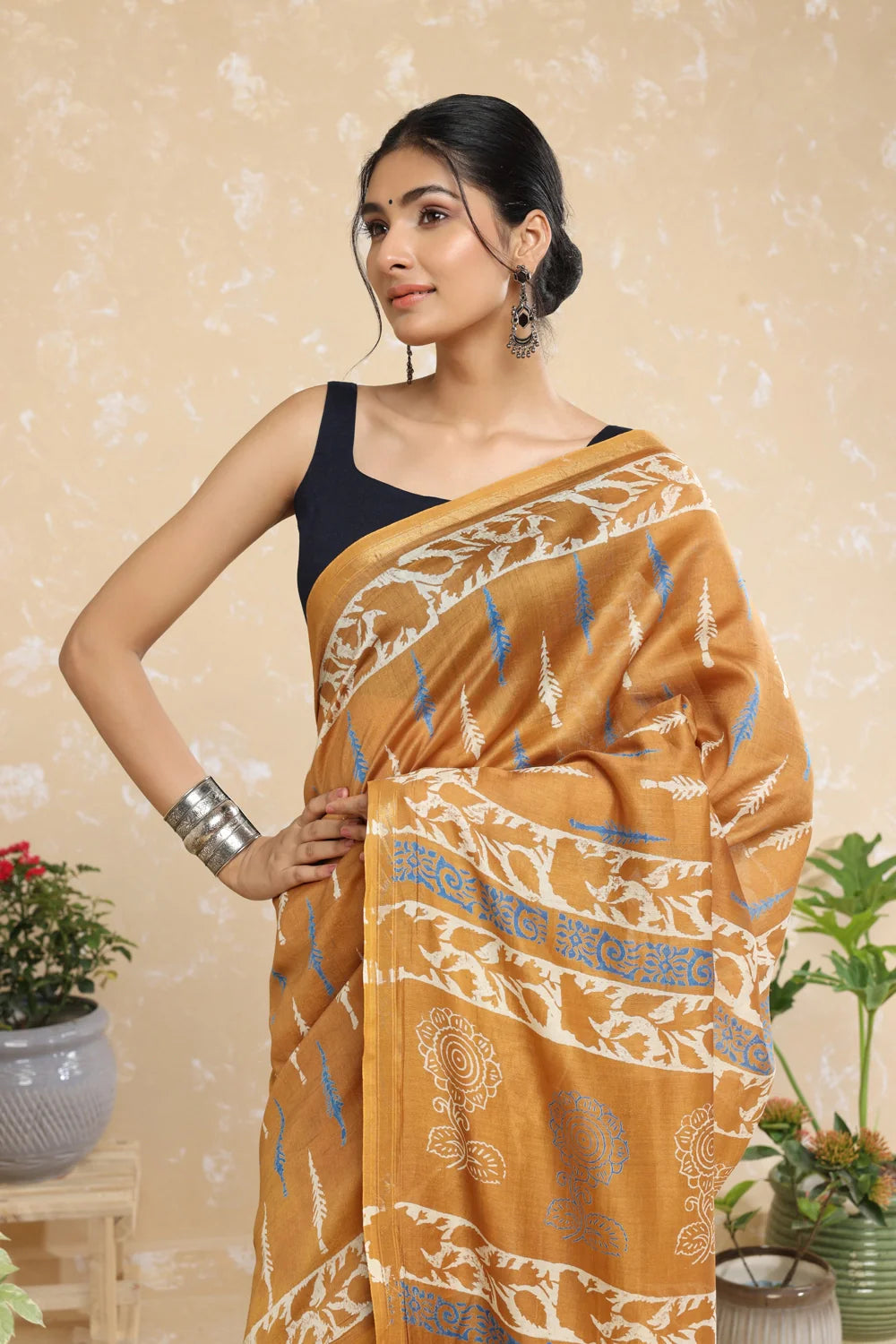 Handloom Honey Yellow Block Print Chanderi Cotton Saree