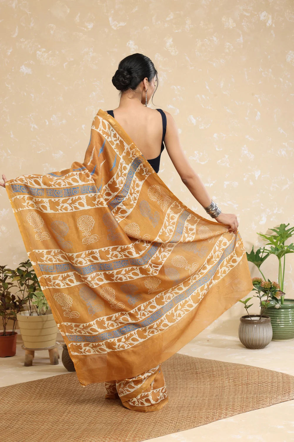 Handloom Honey Yellow Block Print Chanderi Cotton Saree