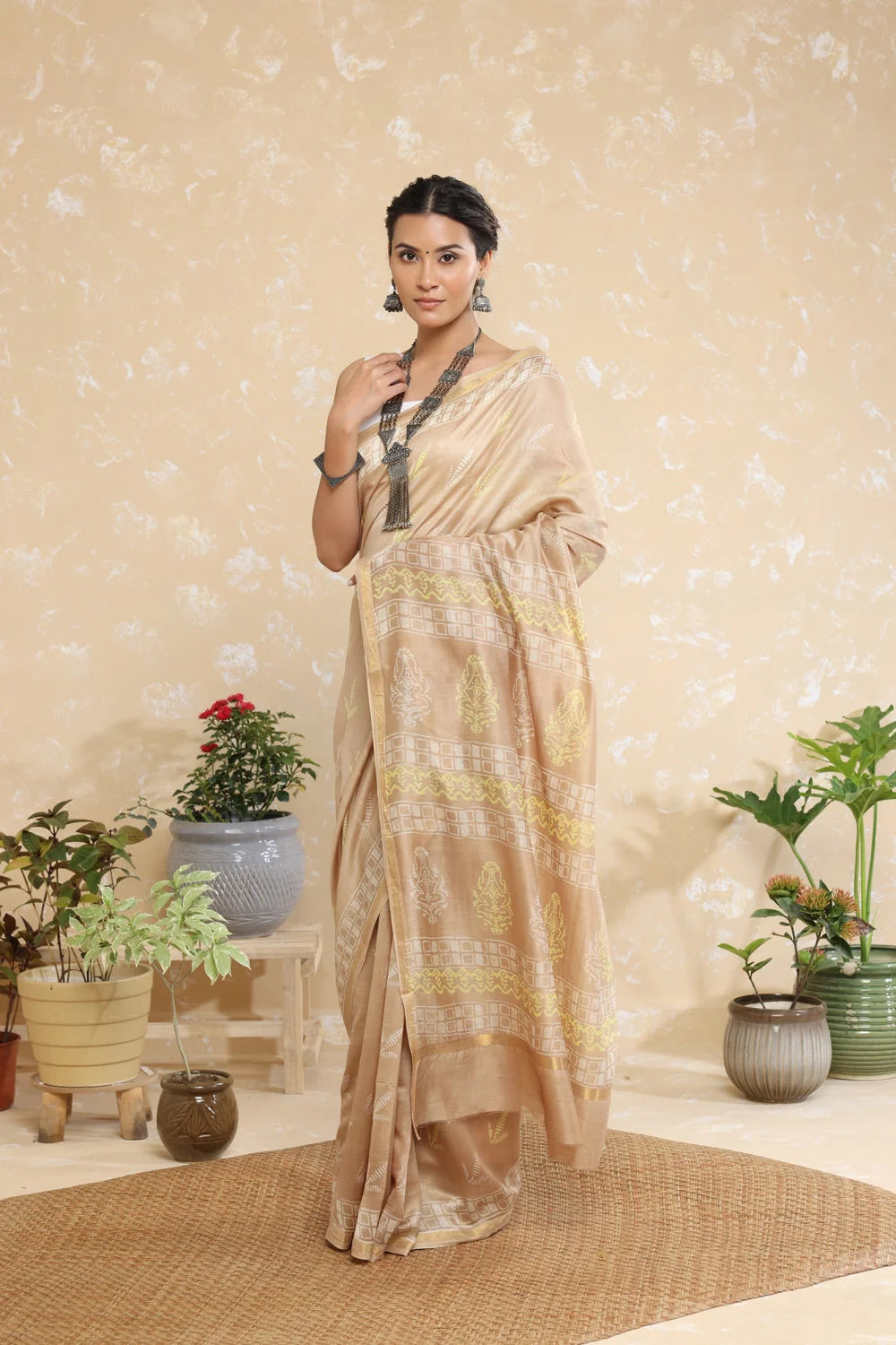 Handloom Vanilla Cream Block Print Chanderi Cotton Saree