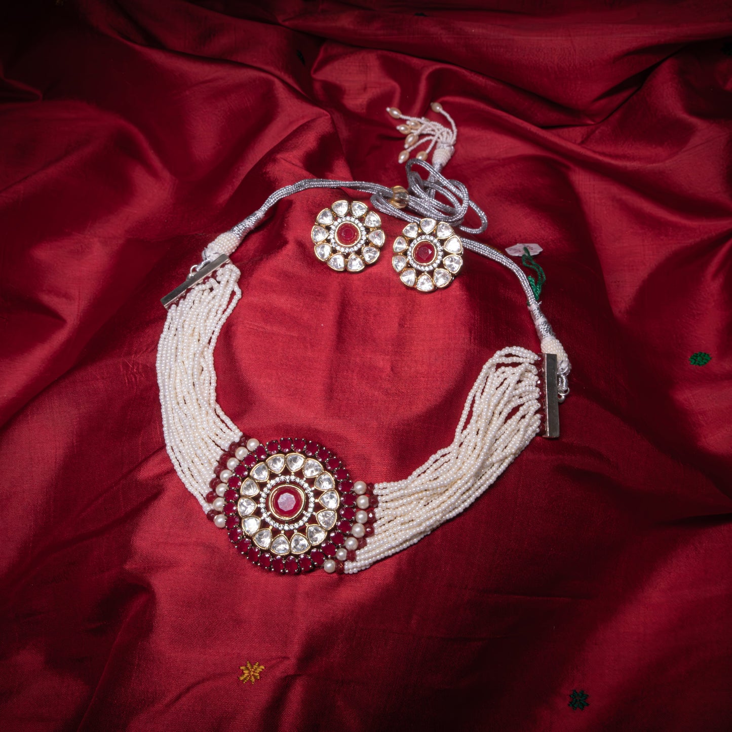 Pearl Diamond Red Choker with Statement Earrings