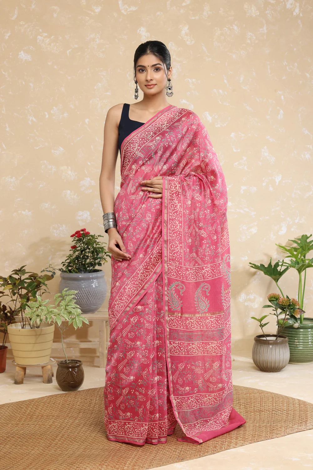 Handloom Watermelon Pink Block Print Chanderi Cotton Saree