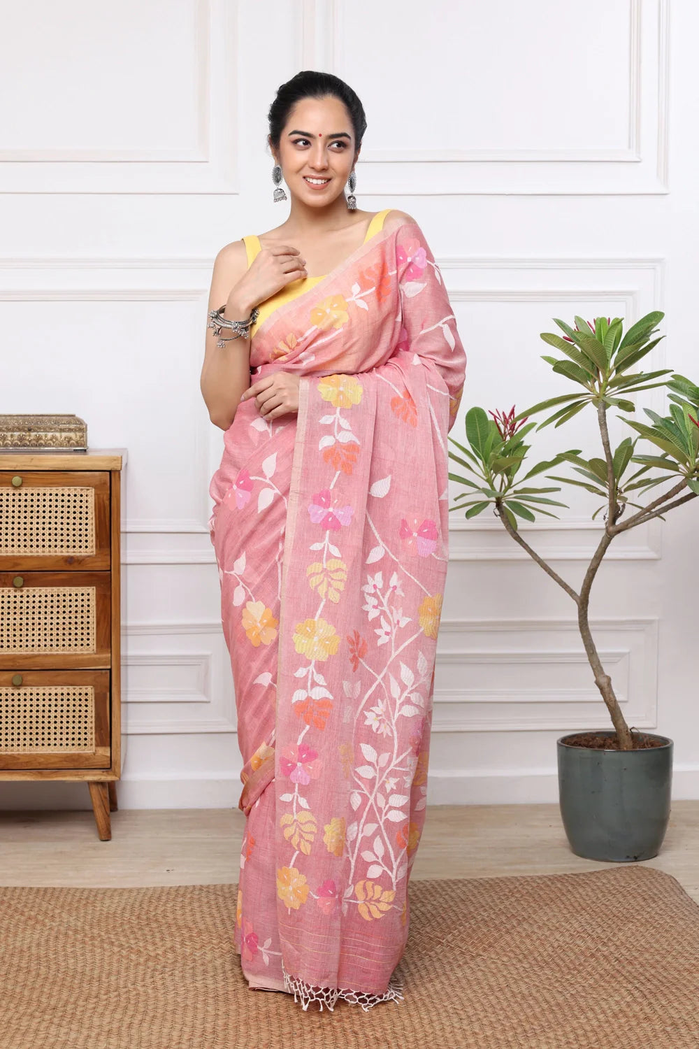 Handloom Salmon Pink Soft Cotton Multi Colour Floral Jamdani