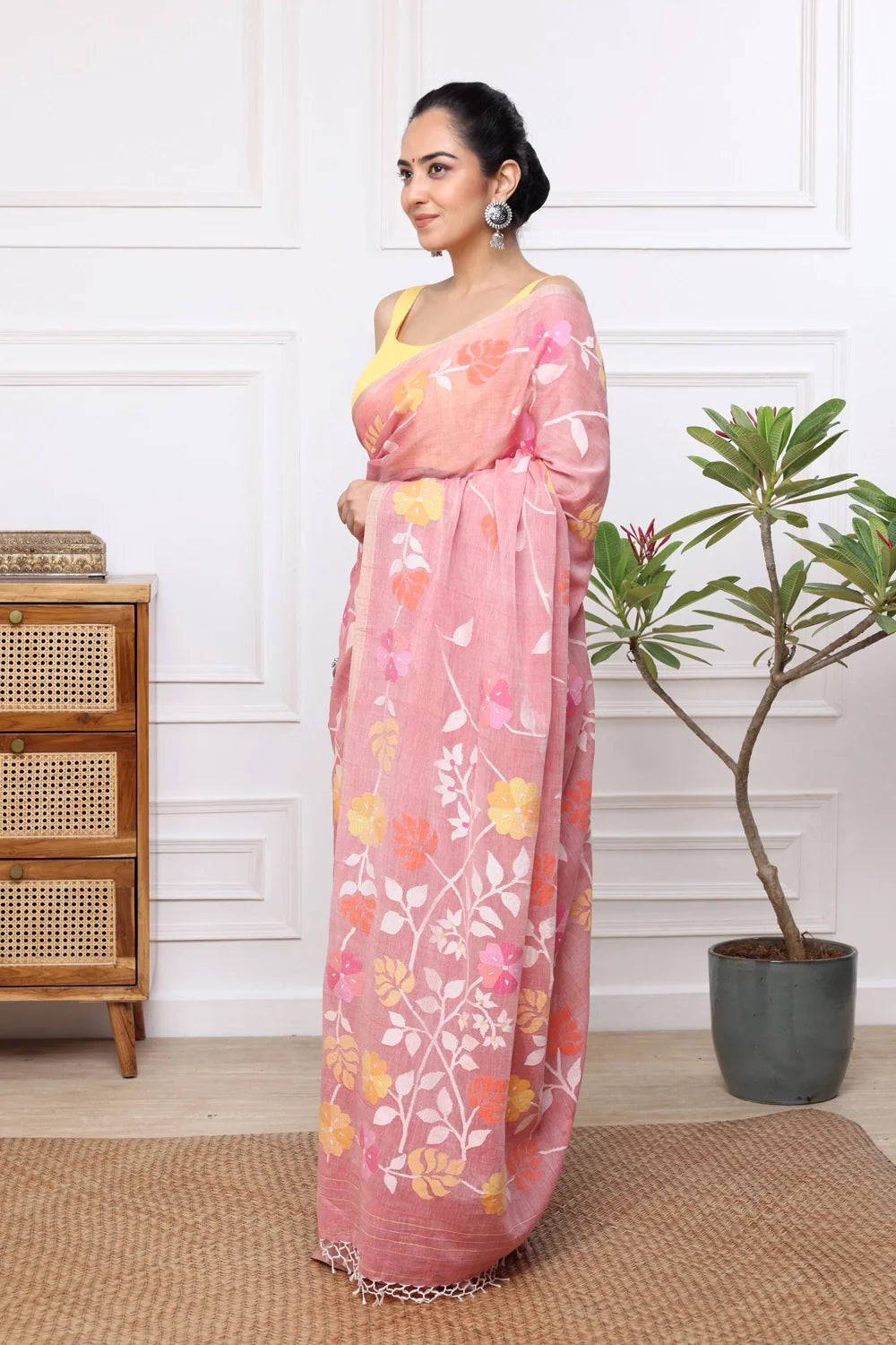 Handloom Salmon Pink Soft Cotton Multi Colour Floral Jamdani