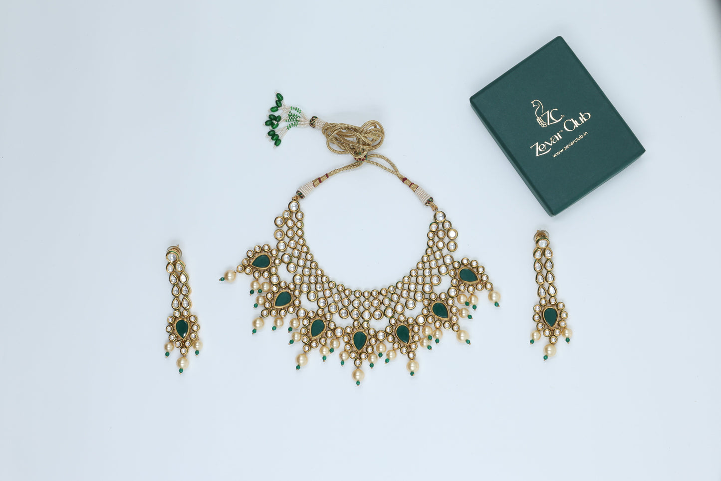 22K Gold Plated Bridal Green Kundan Set