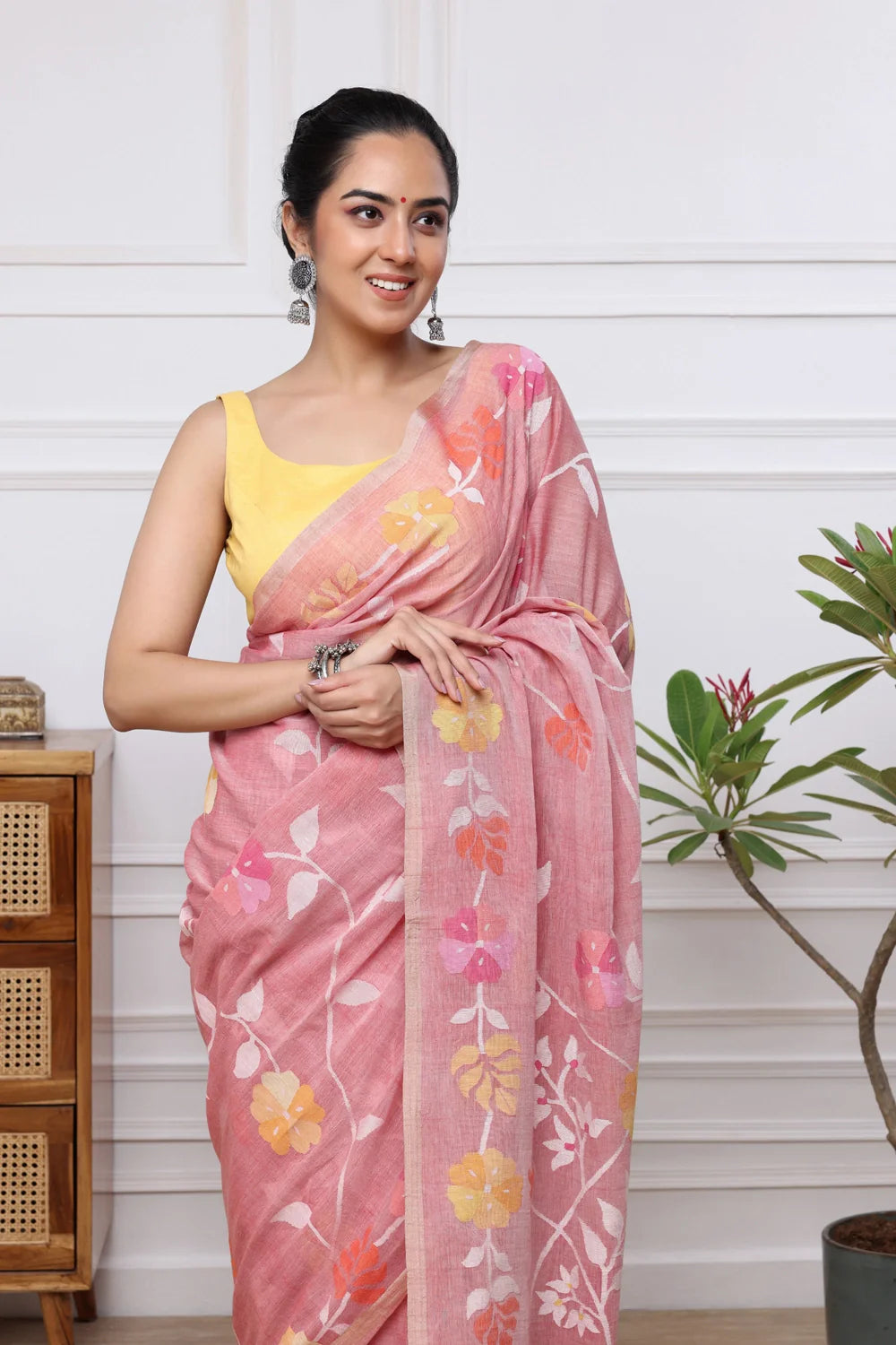 Handloom Salmon Pink Soft Cotton Multi Colour Floral Jamdani