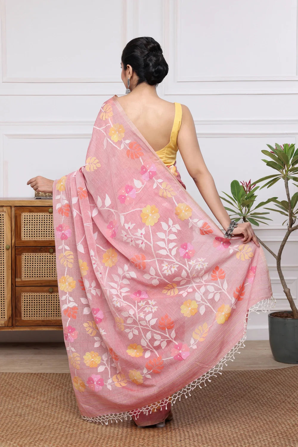 Handloom Salmon Pink Soft Cotton Multi Colour Floral Jamdani