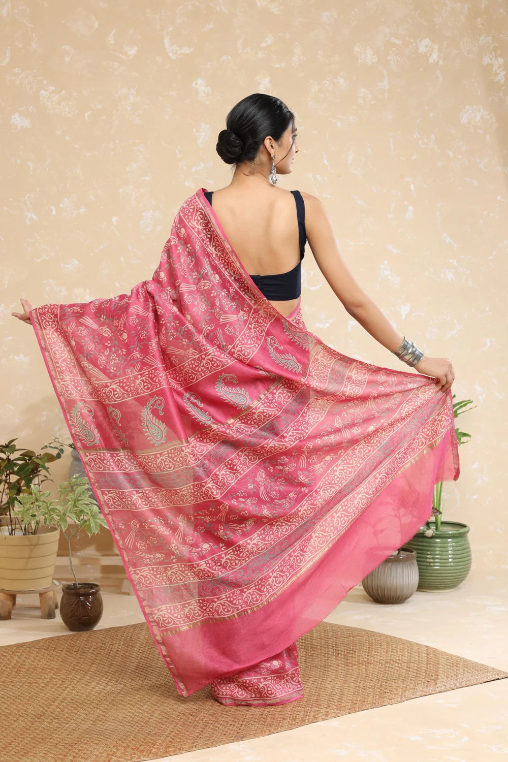 Handloom Watermelon Pink Block Print Chanderi Cotton Saree