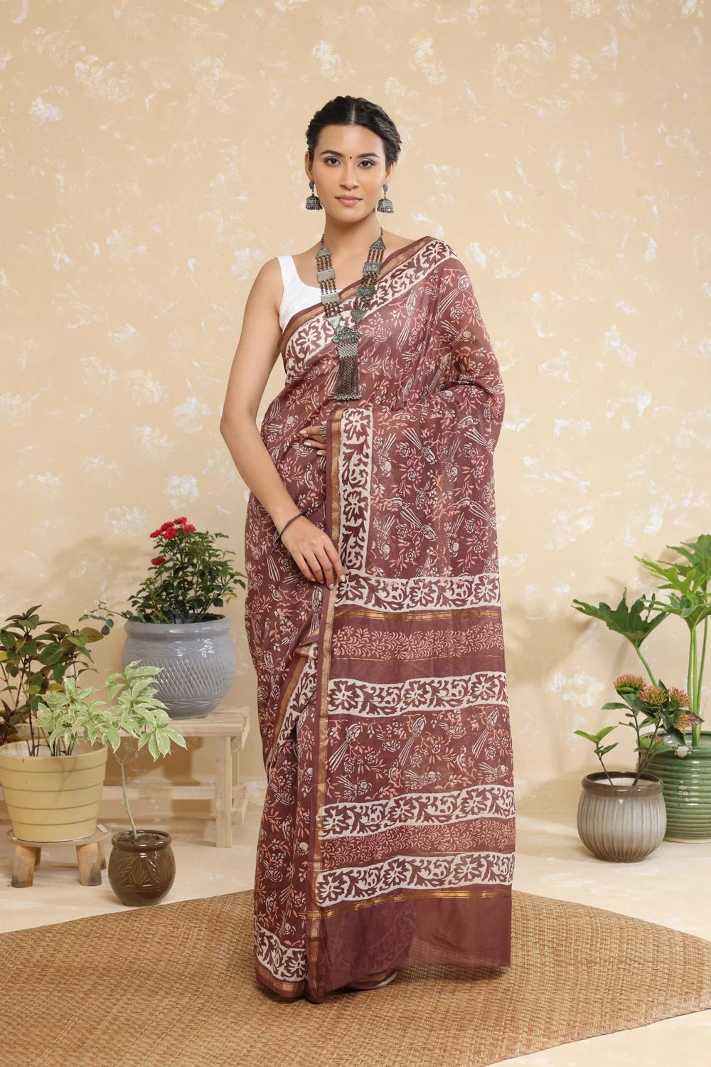 Handloom Rosewood Pink Block Print Chanderi Cotton Saree