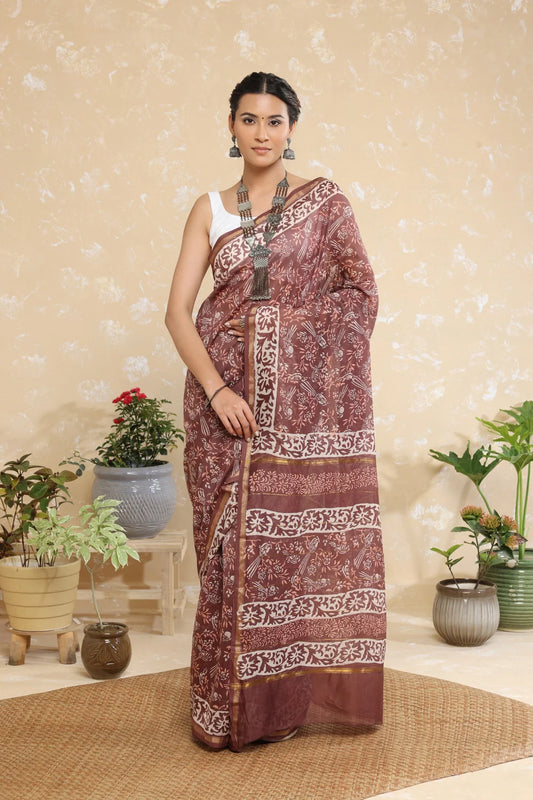 Handloom Rosewood Pink Block Print Chanderi Cotton Saree