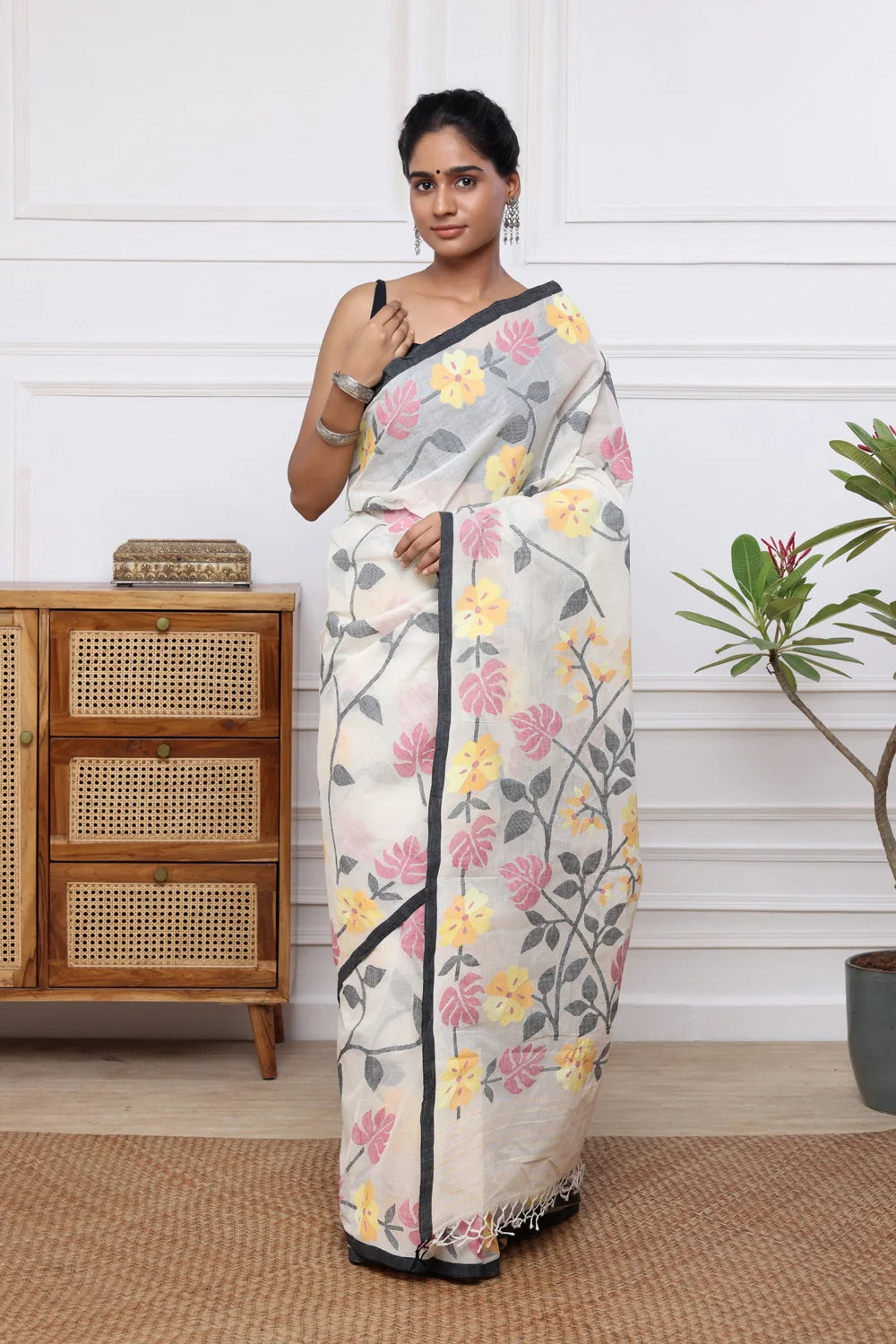 Handloom White Pure Cotton Multi Colour Floral Jamdani