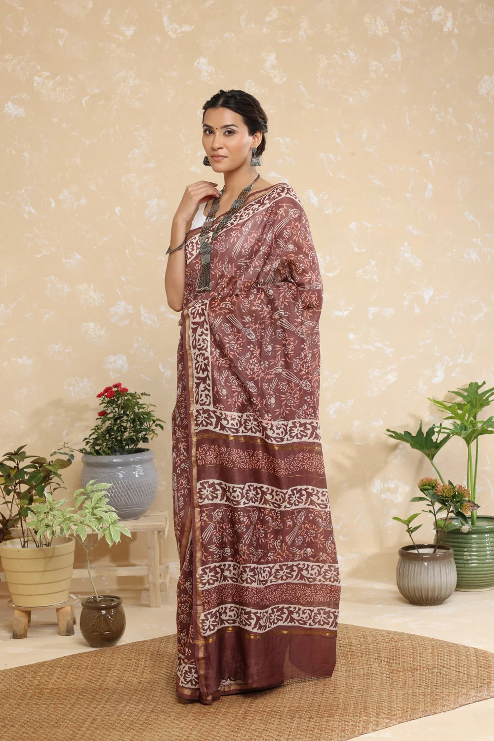 Handloom Rosewood Pink Block Print Chanderi Cotton Saree