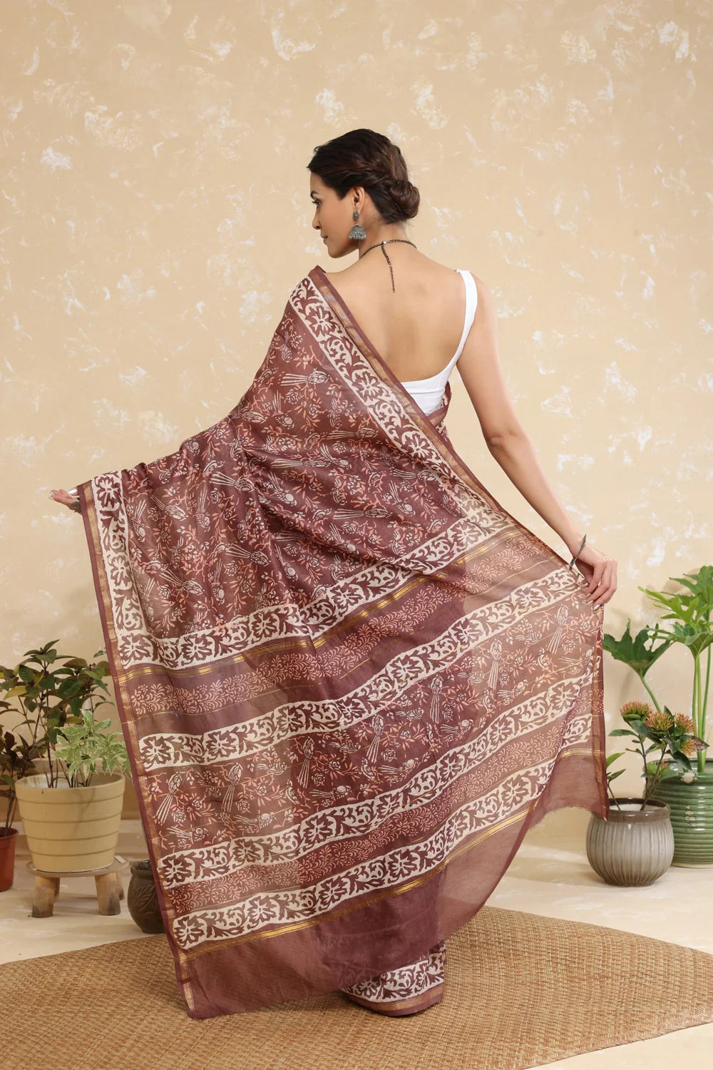 Handloom Rosewood Pink Block Print Chanderi Cotton Saree