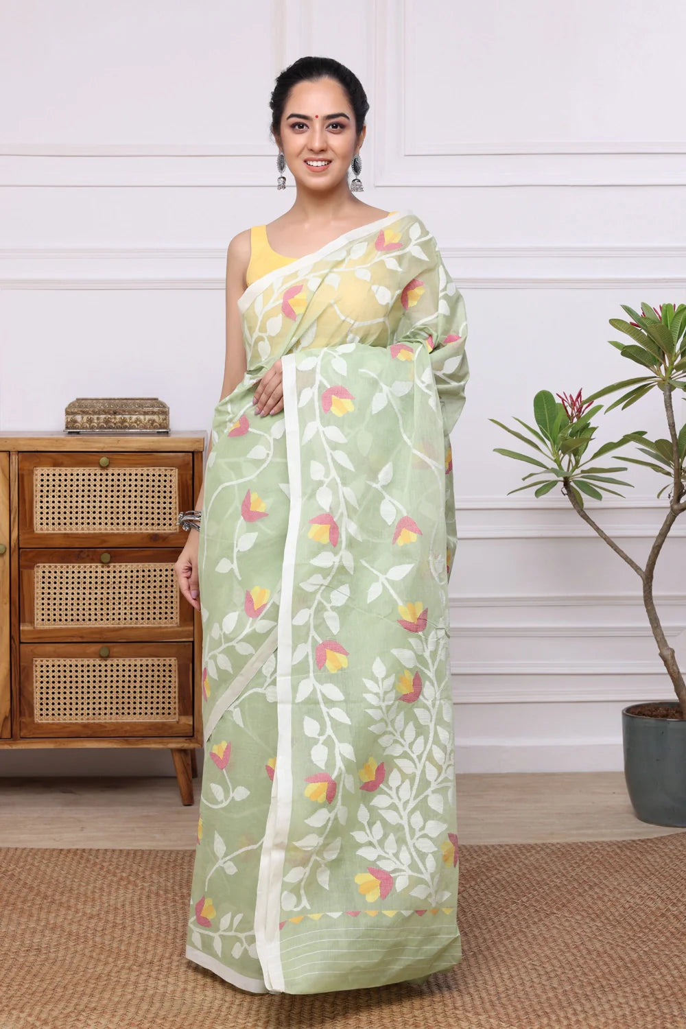 Handloom Leaf Green Pure Cotton Jamdani