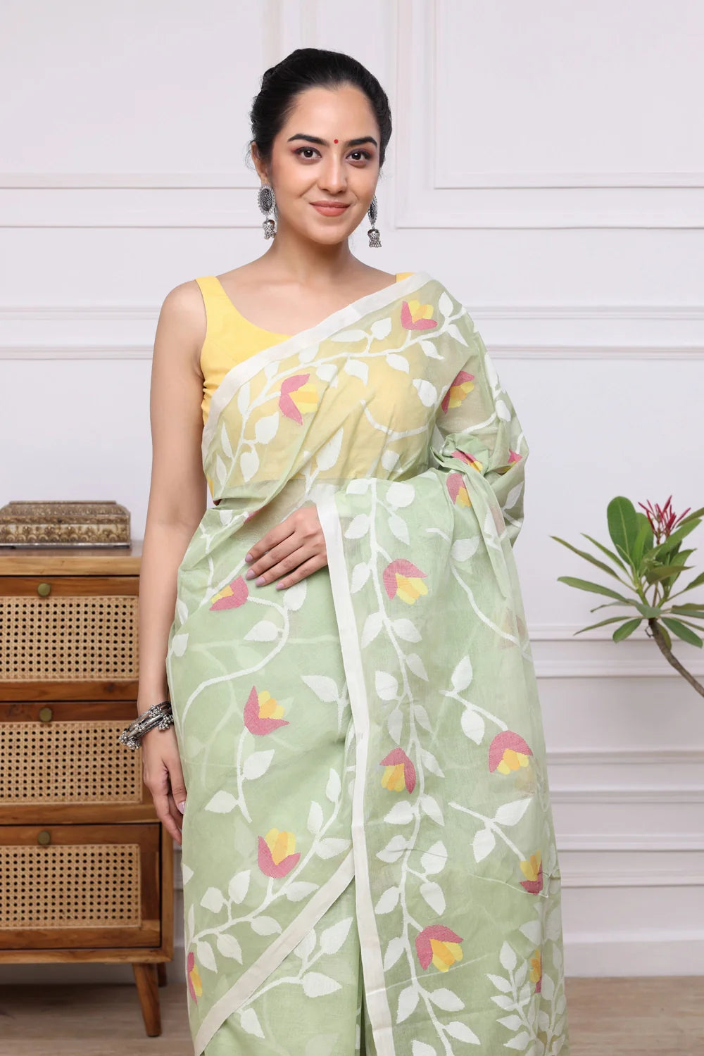 Handloom Leaf Green Pure Cotton Jamdani