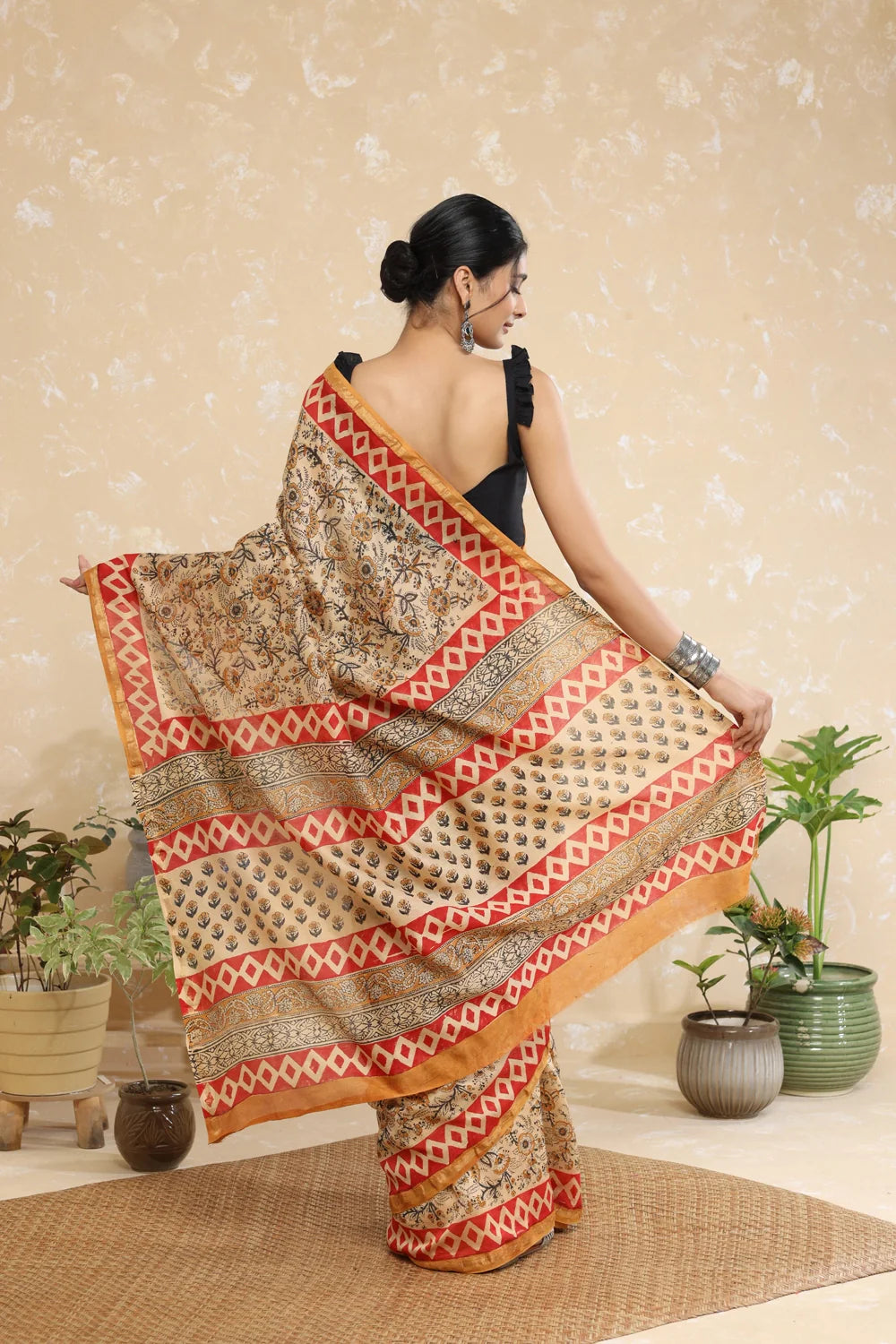 Handloom Almond Brown Block Print Chanderi Cotton Saree