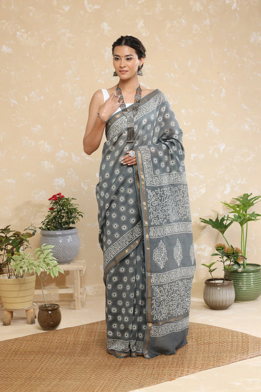 Handloom Charcoal Grey Block Print Chanderi Cotton Saree