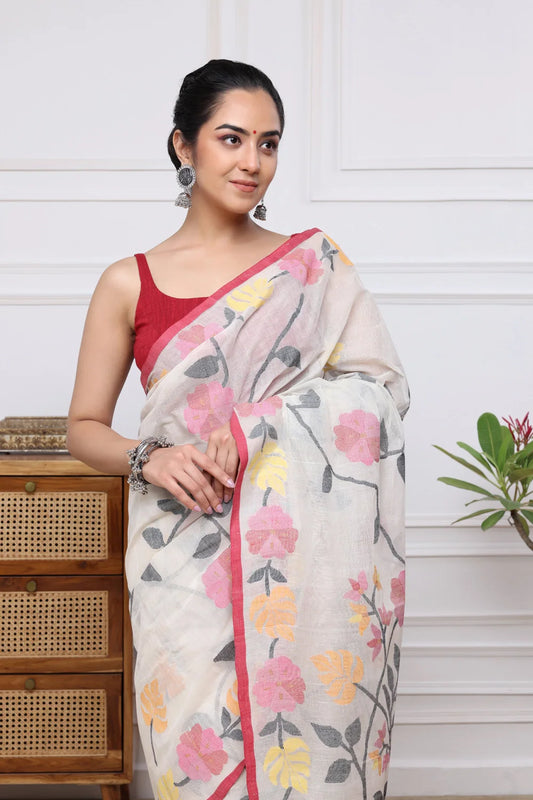 Handloom Cream Pure Cotton Pink Floral Jamdani Saree