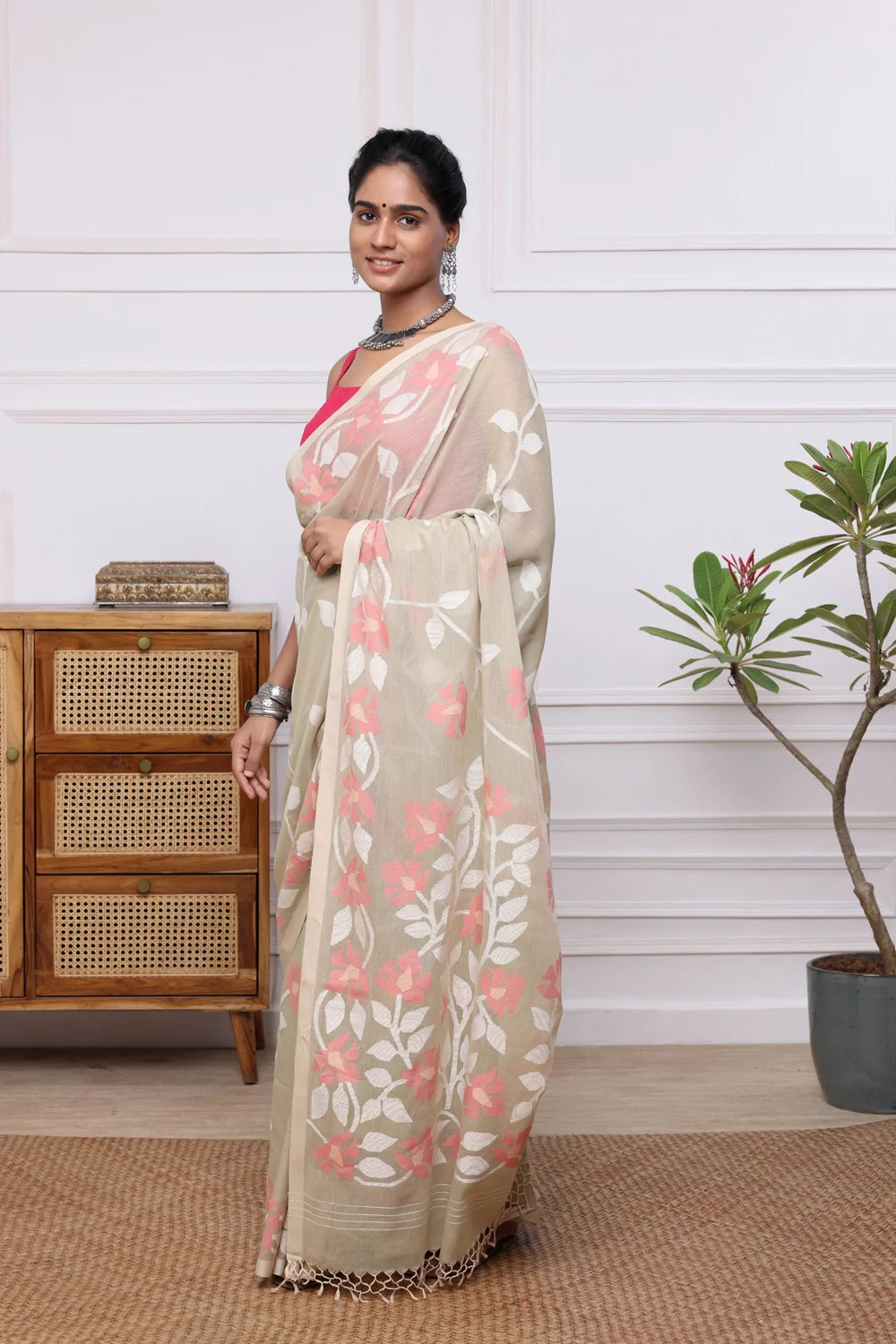 Handloom Beige Soft Cotton Multi Colour Floral Jamdani Saree