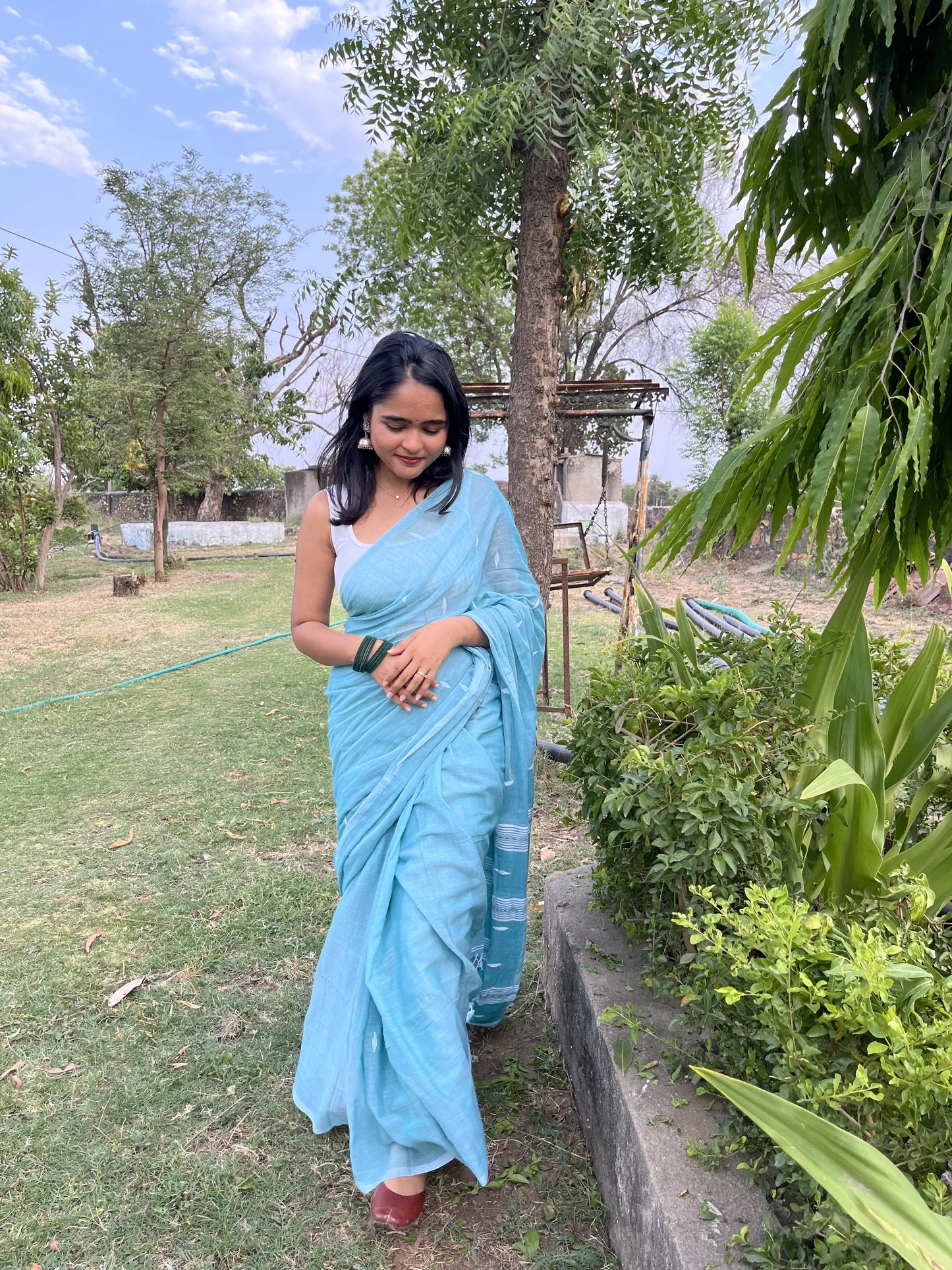 Handloom Aqua Green Mulmul Saree