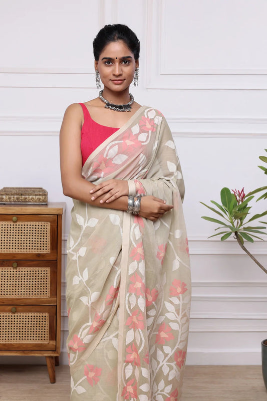 Handloom Beige Soft Cotton Multi Colour Floral Jamdani Saree