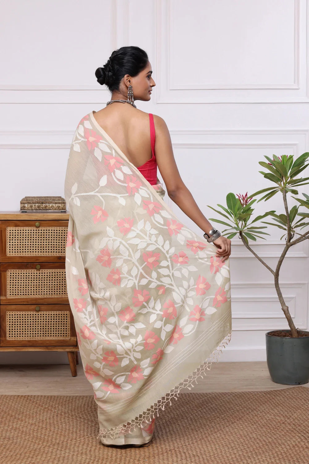 Handloom Beige Soft Cotton Multi Colour Floral Jamdani Saree