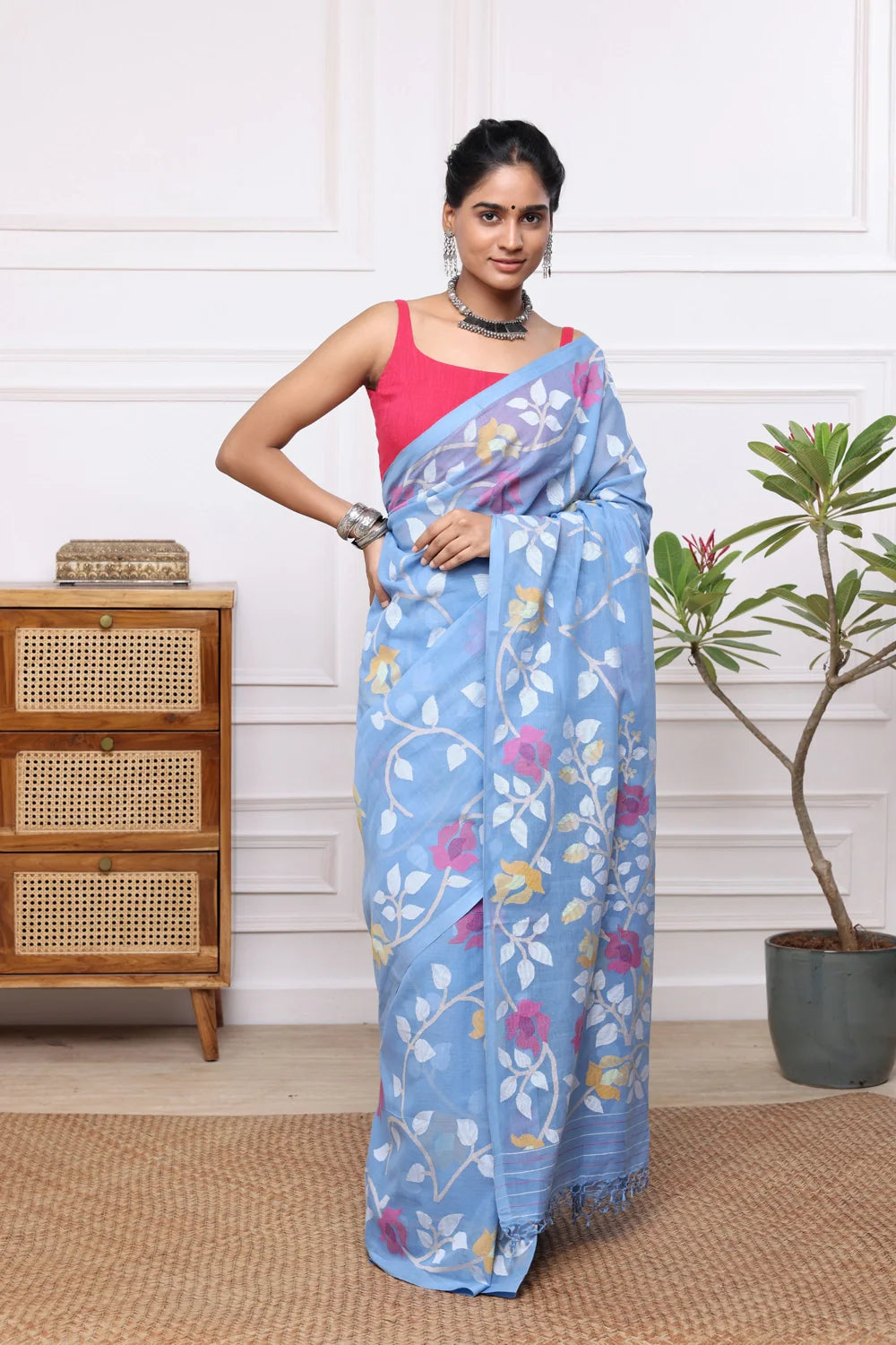 Handloom Sky Blue Soft Cotton Multi Colour Floral Jamdani Saree