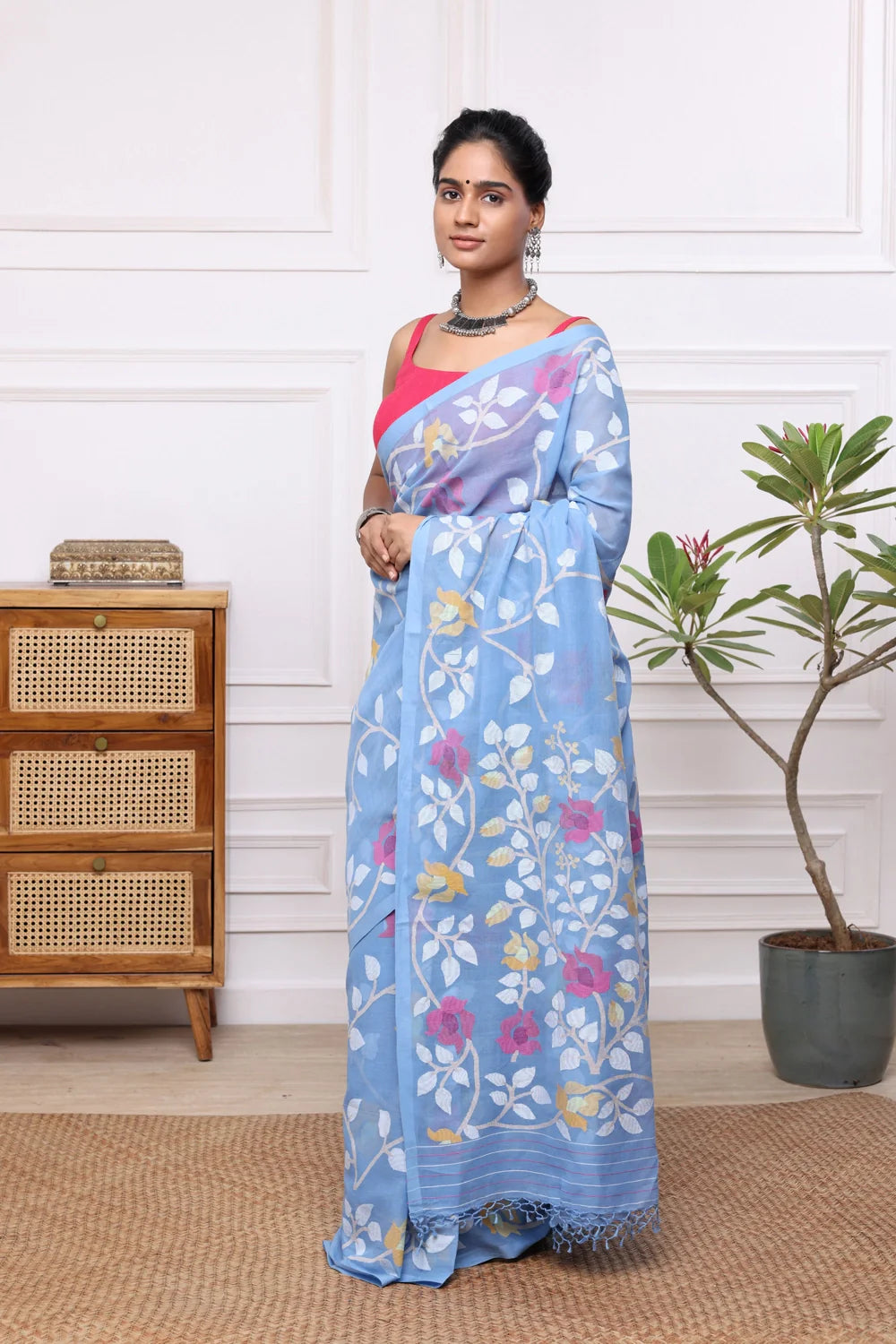 Handloom Sky Blue Soft Cotton Multi Colour Floral Jamdani Saree